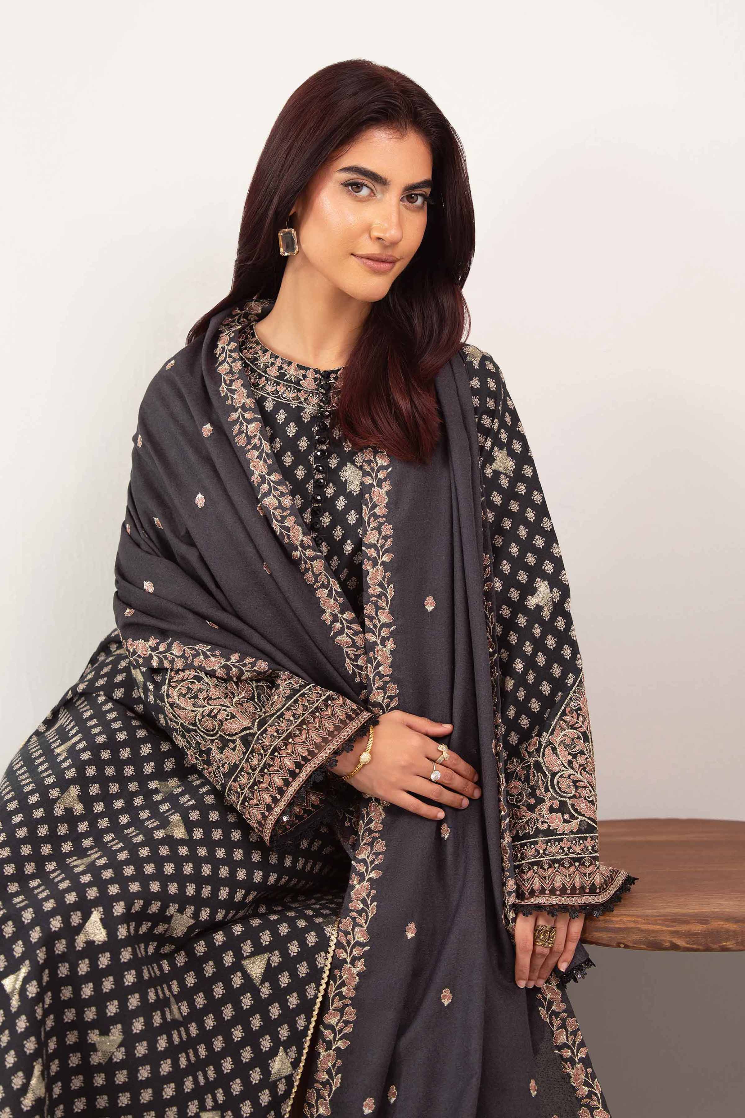 NISHATUAE - Black Embroidered Karandi 3-piece Unstitched Suit