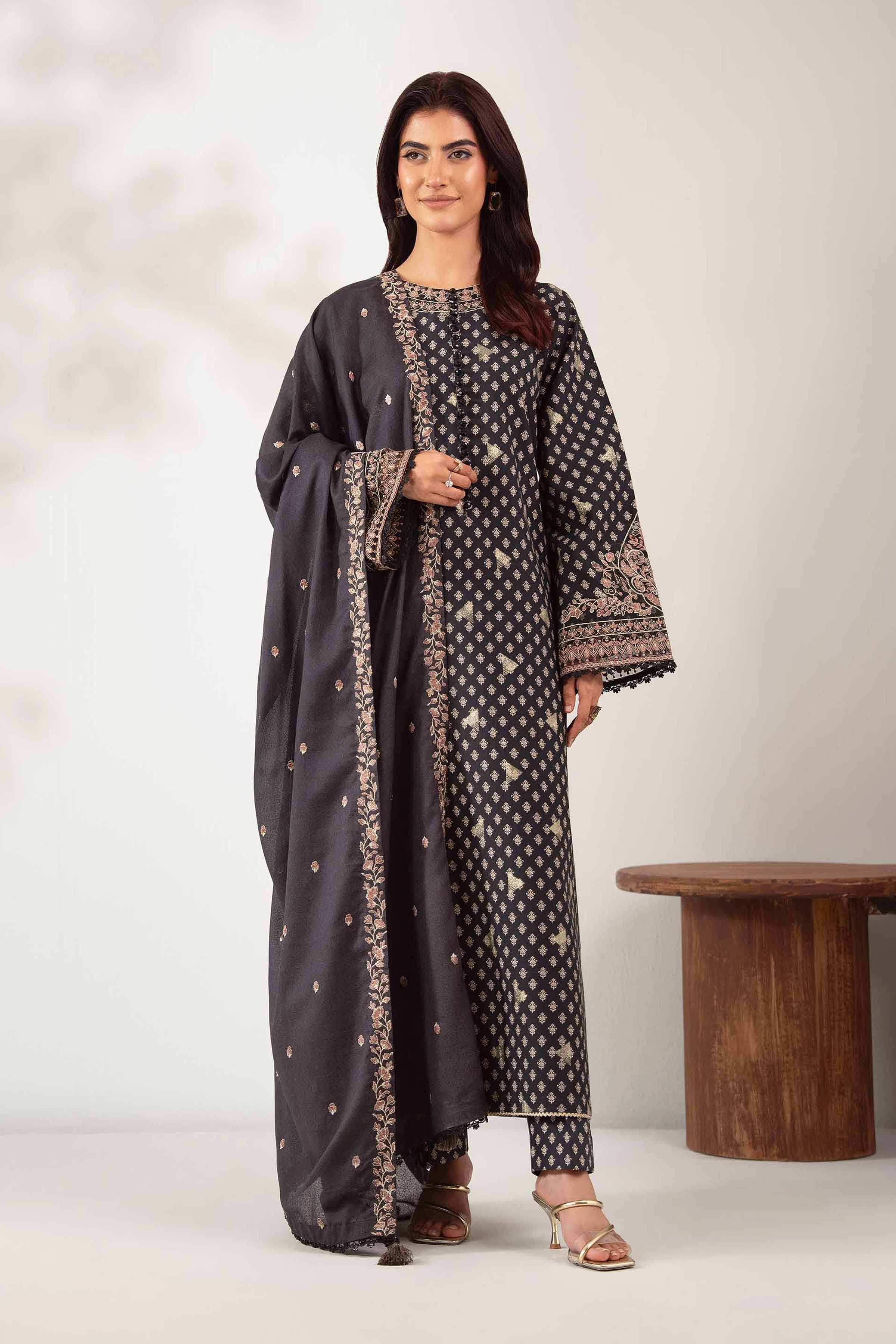 NISHATUAE - Black Embroidered Karandi 3-piece Unstitched Suit