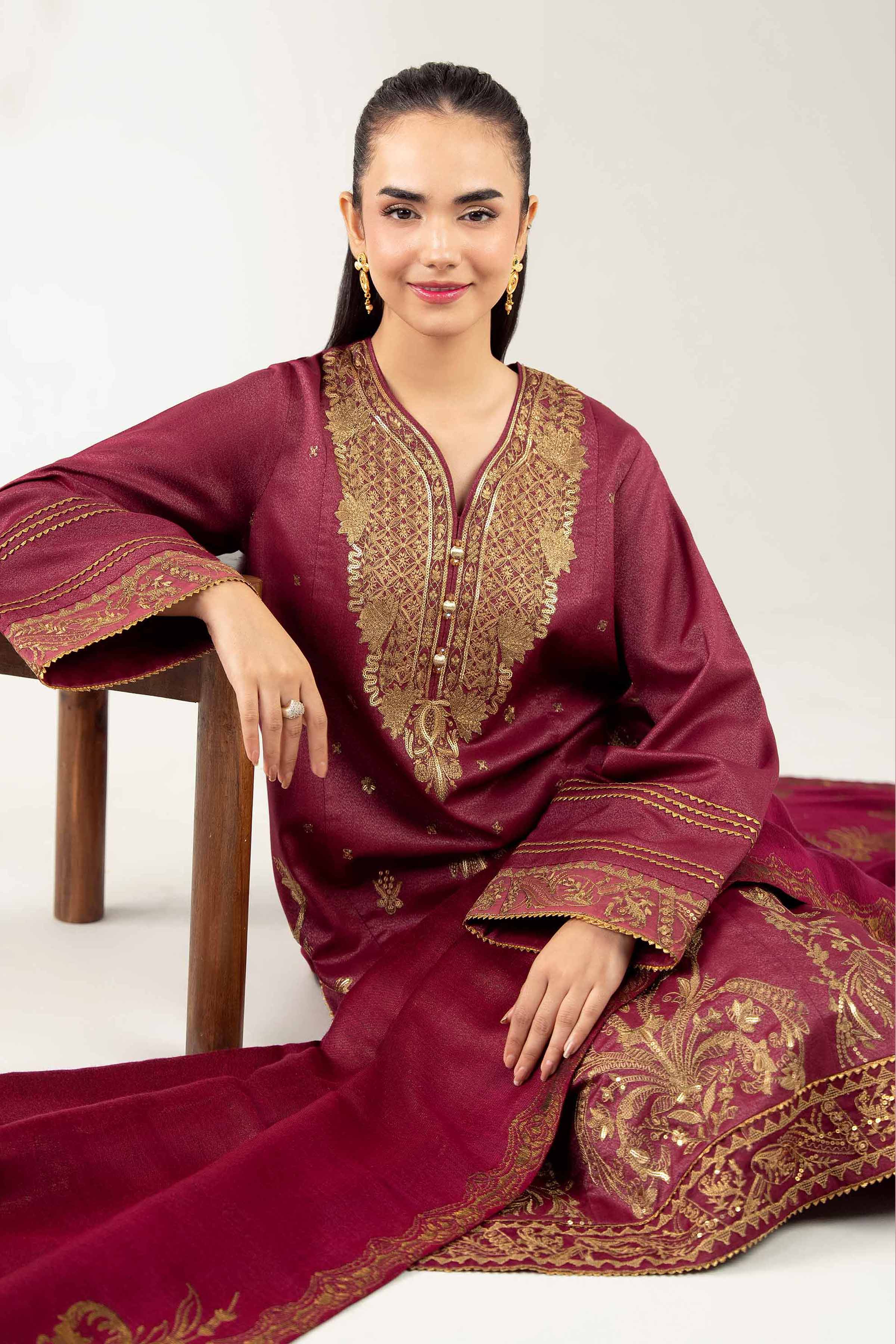 NISHATUAE - Burgundy Embroidered Moon Light 3-piece Unstitched Suit