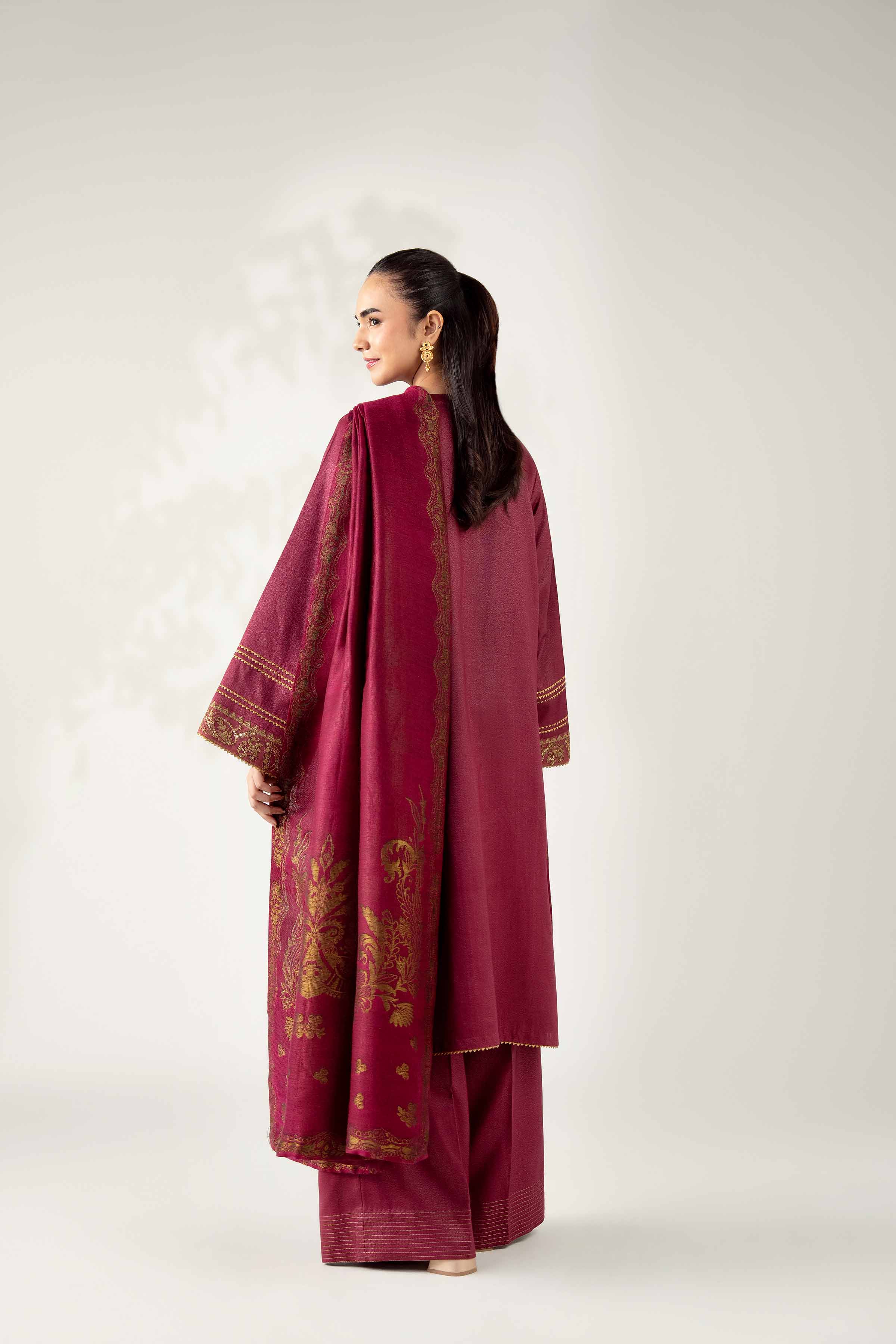 NISHATUAE - Burgundy Embroidered Moon Light 3-piece Unstitched Suit