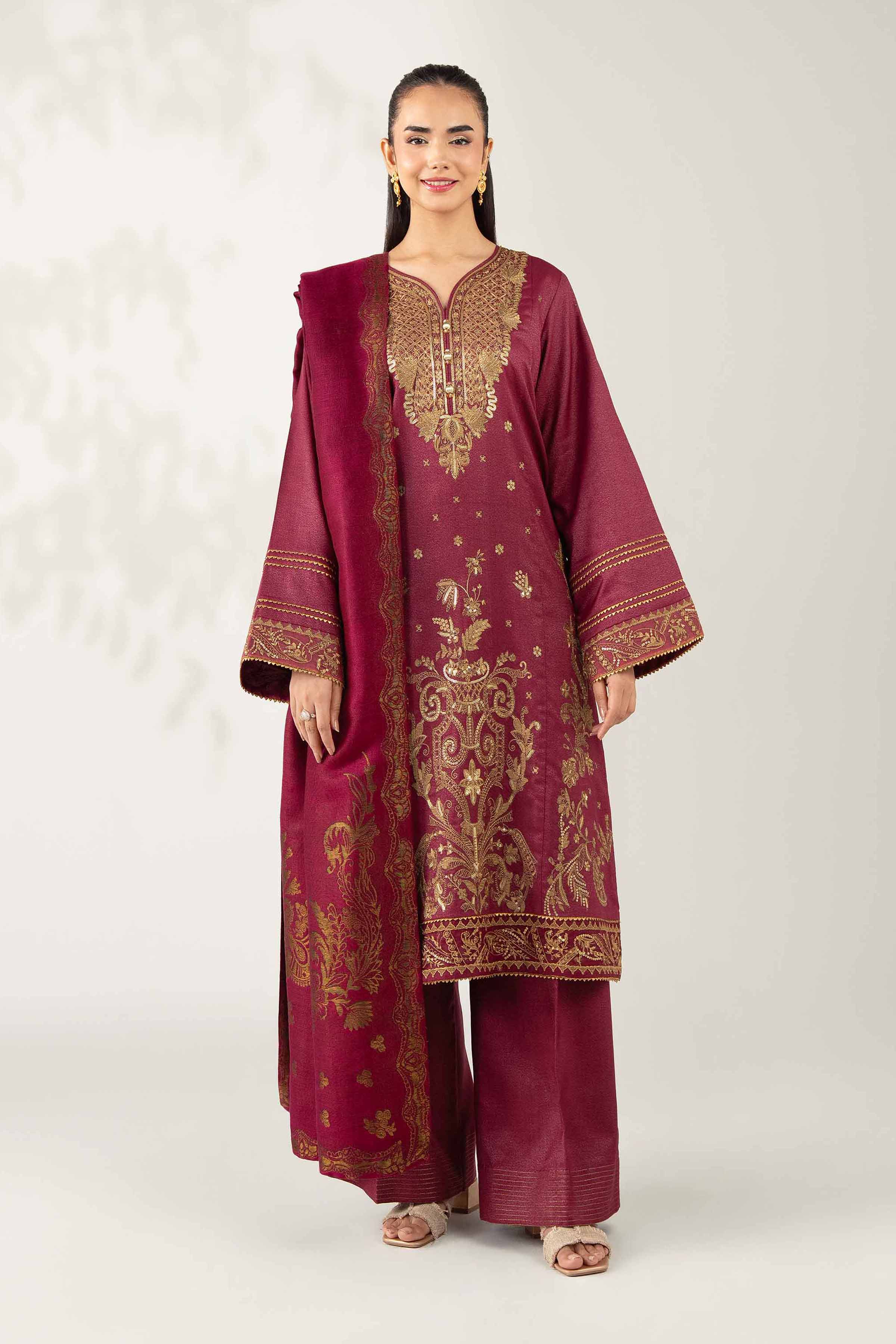 NISHATUAE - Burgundy Embroidered Moon Light 3-piece Unstitched Suit