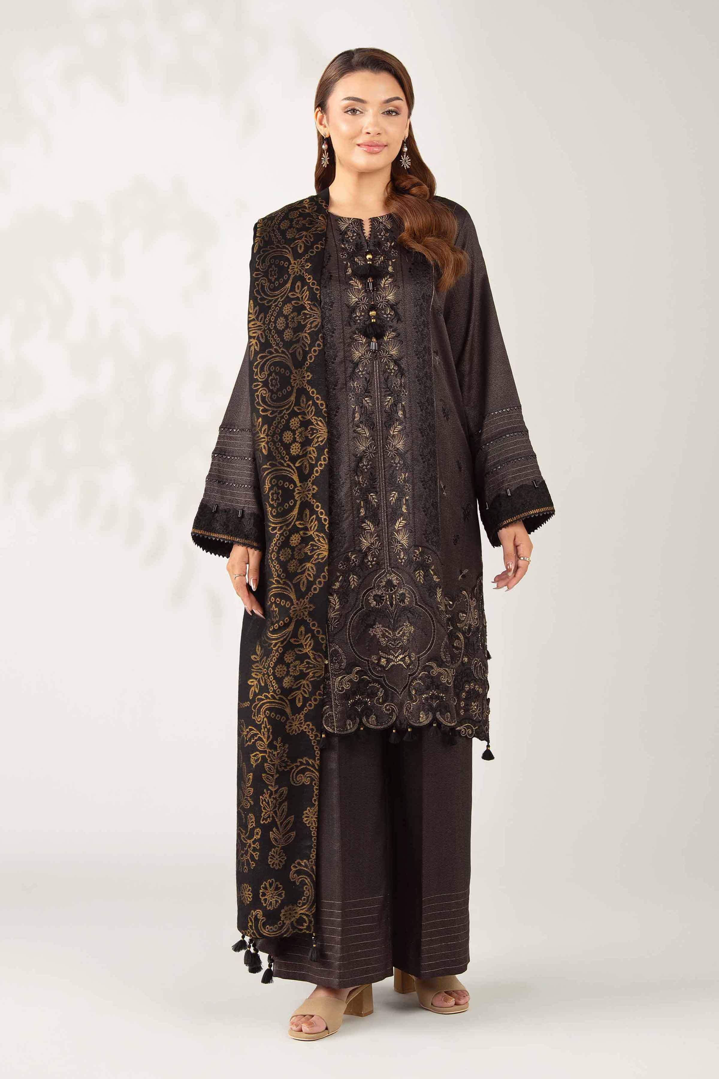 NISHATUAE - Black Embroidered Moon Light 3-piece Unstitched Suit