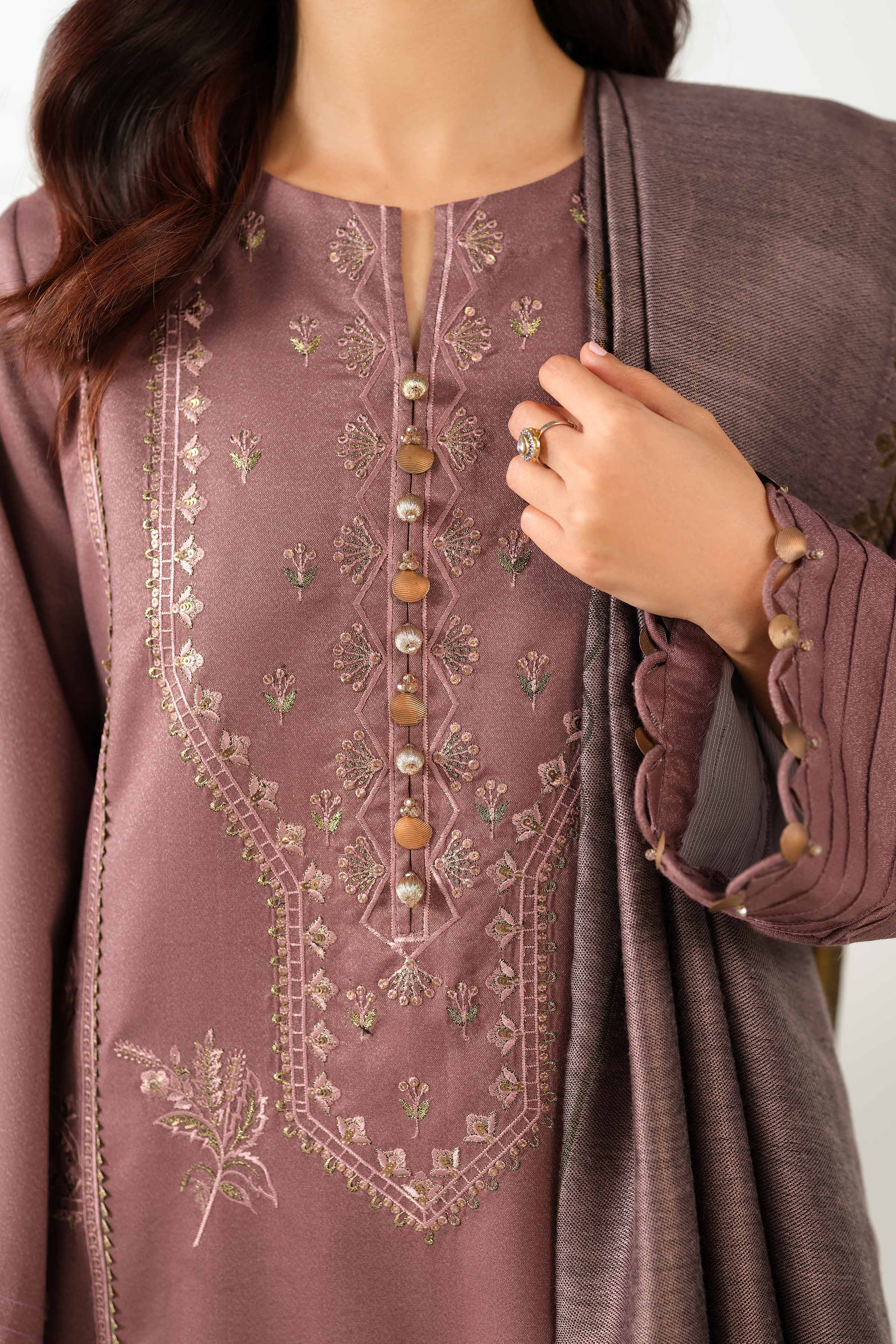 NISHATUAE - Purple Embroidered Moon Light 3-piece Unstitched Suit