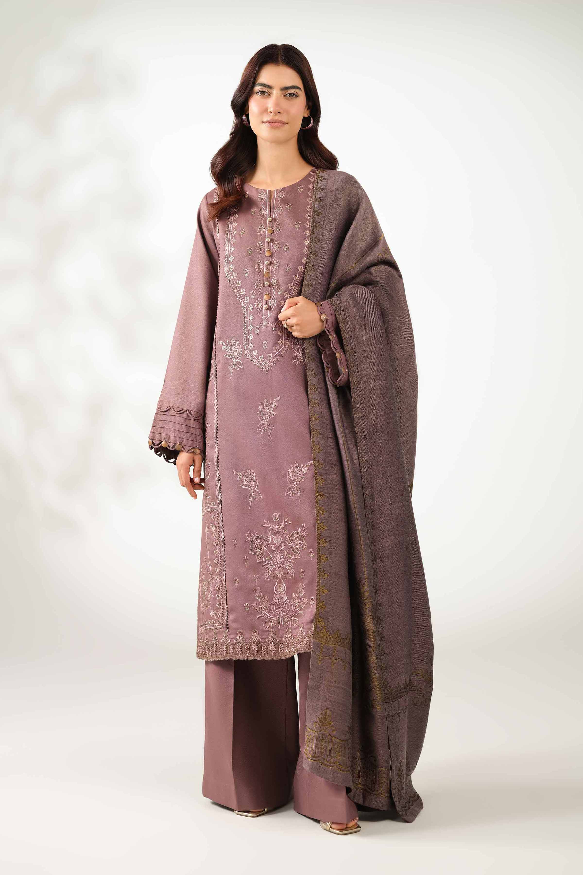 NISHATUAE - Purple Embroidered Moon Light 3-piece Unstitched Suit