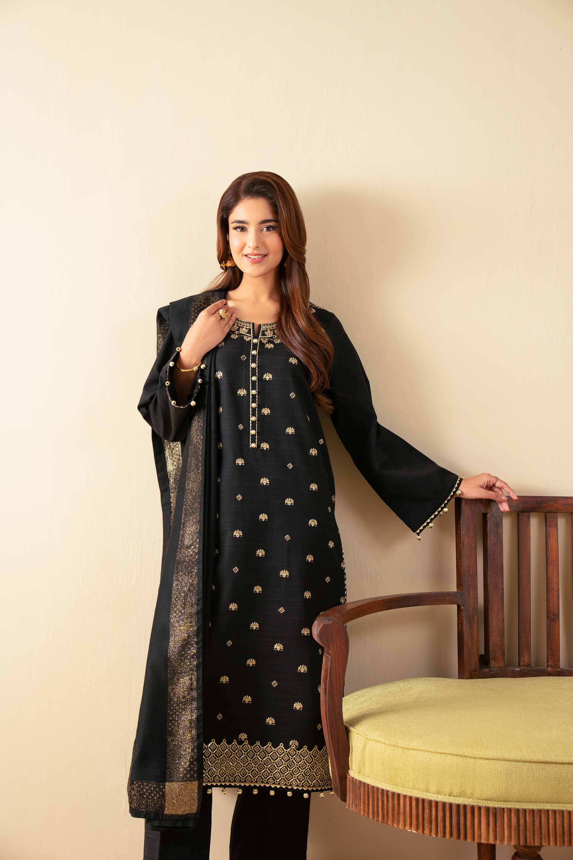 NISHATUAE - Black Embroidered Khaddar 3-piece Unstitched Suit