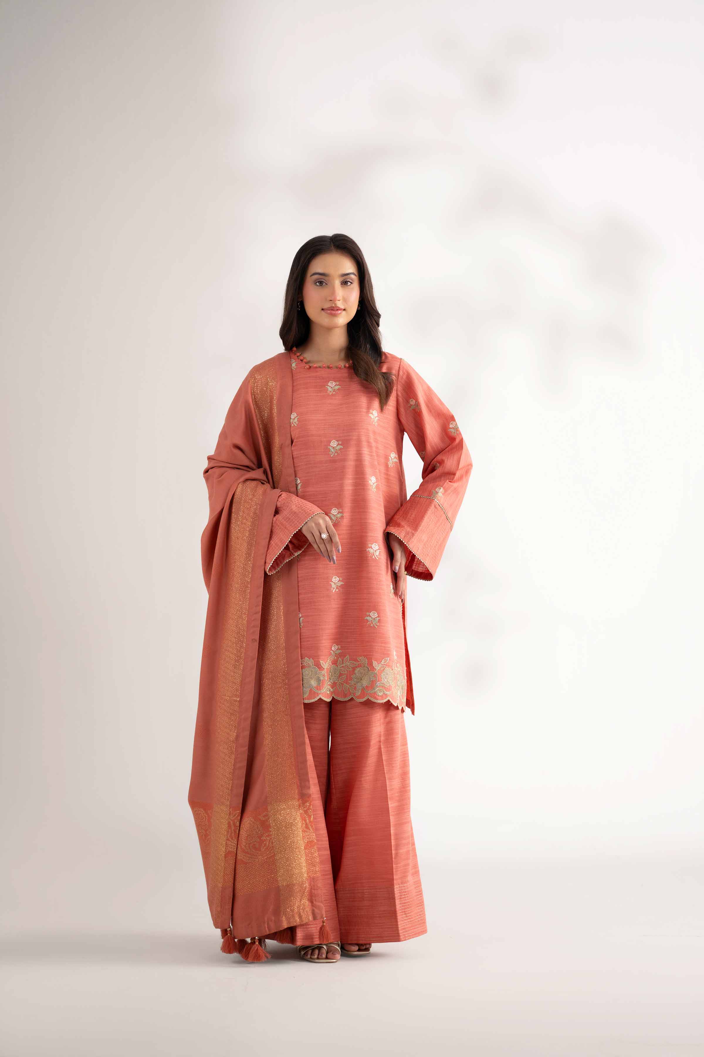 NISHATUAE - Coral Embroidered Khaddar 3-piece Unstitched Suit