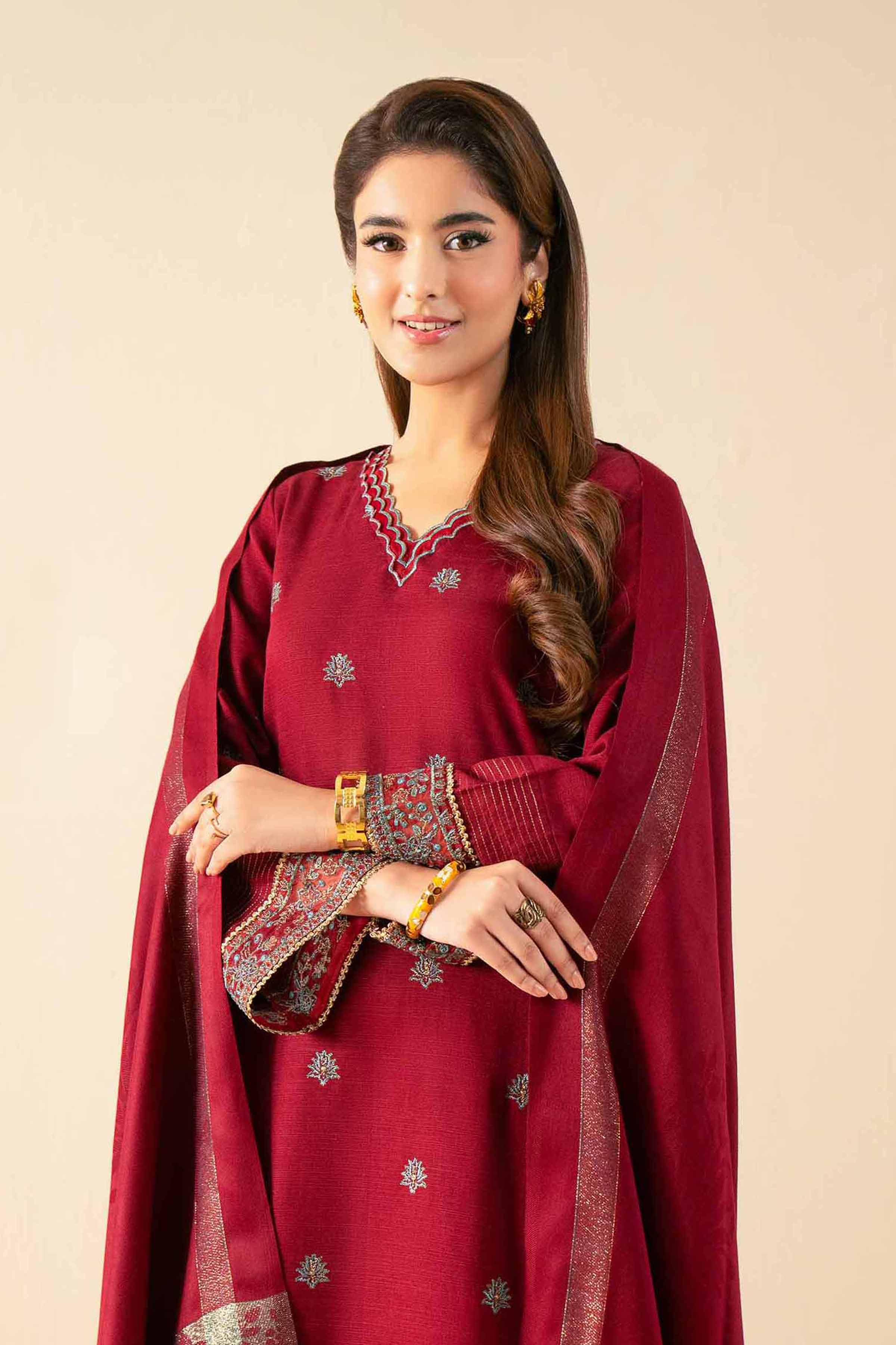NISHATUAE - Maroon Embroidered Khaddar 3-piece Unstitched Suit