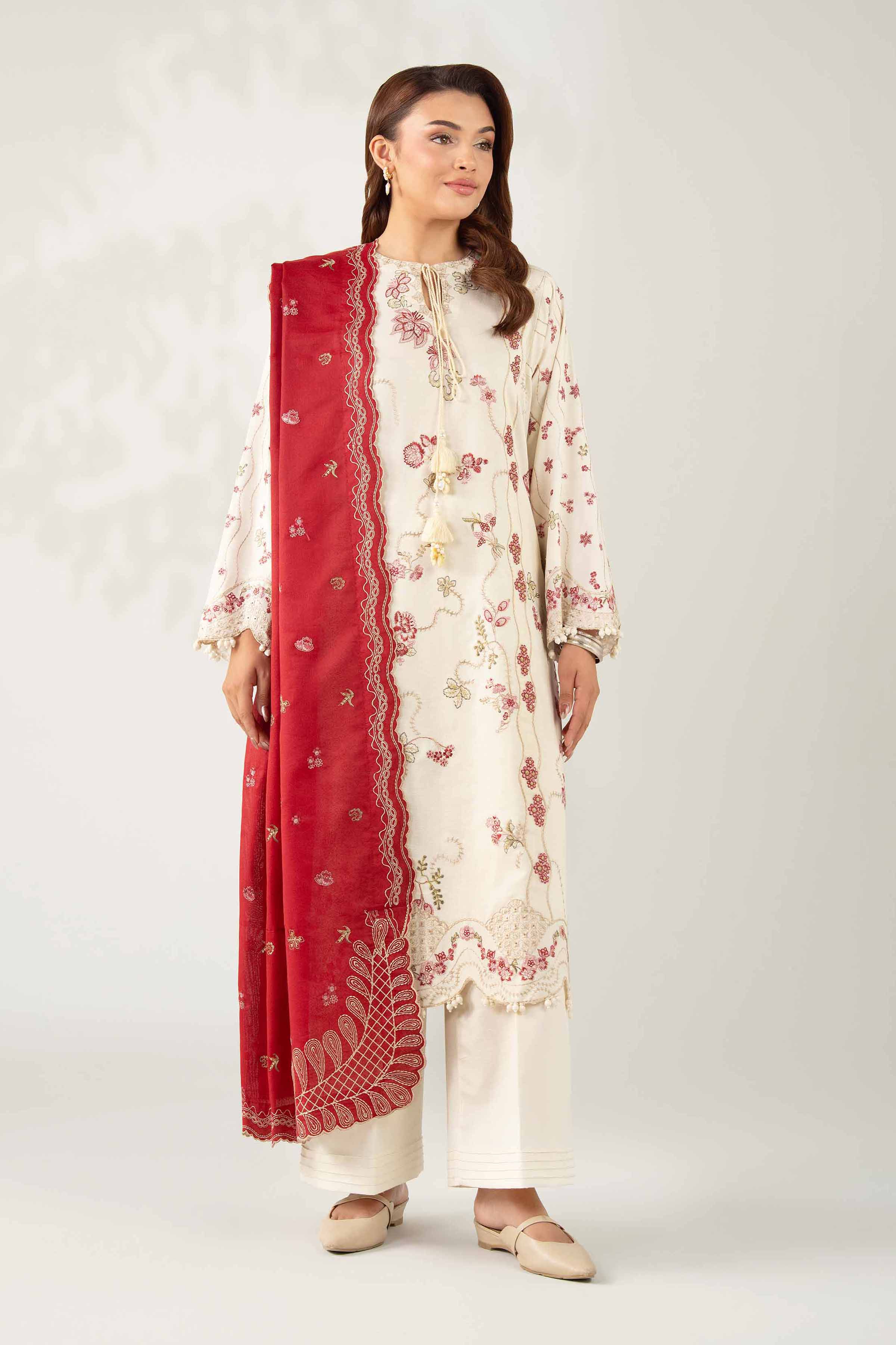 NISHATUAE - Cream Embroidered Karandi 3-piece Unstitched Suit
