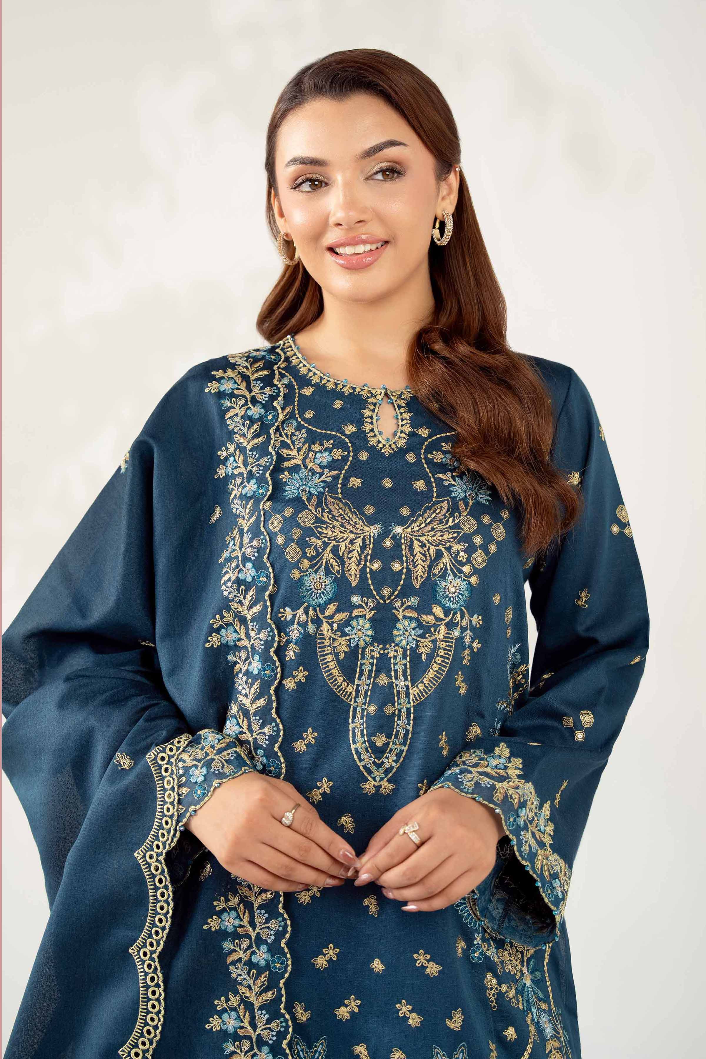 NISHATUAE - Blue Embroidered Karandi 3-piece Unstitched Suit
