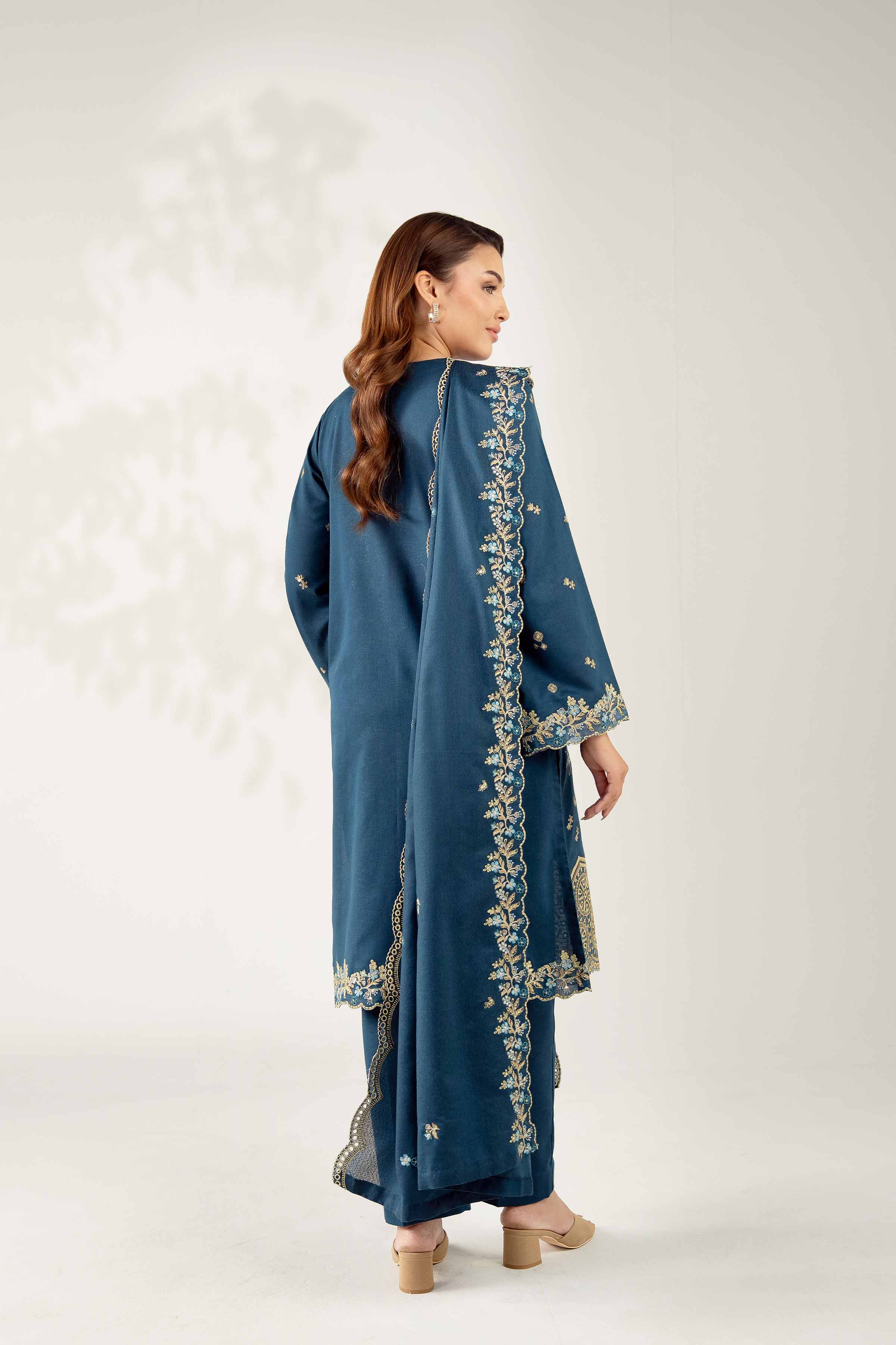 NISHATUAE - Blue Embroidered Karandi 3-piece Unstitched Suit