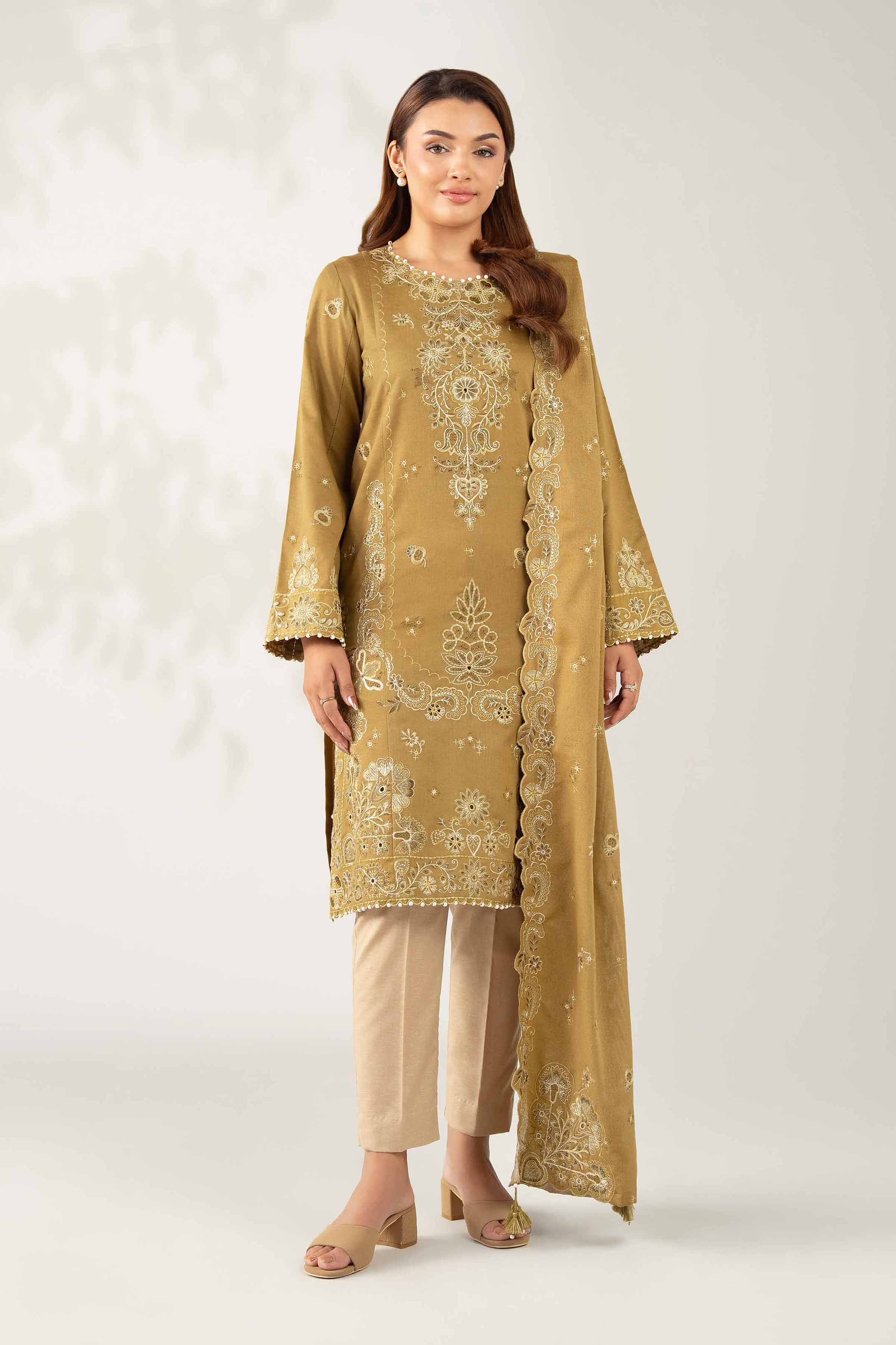 NISHATUAE - Olive Embroidered Karandi 3-piece Unstitched Suit