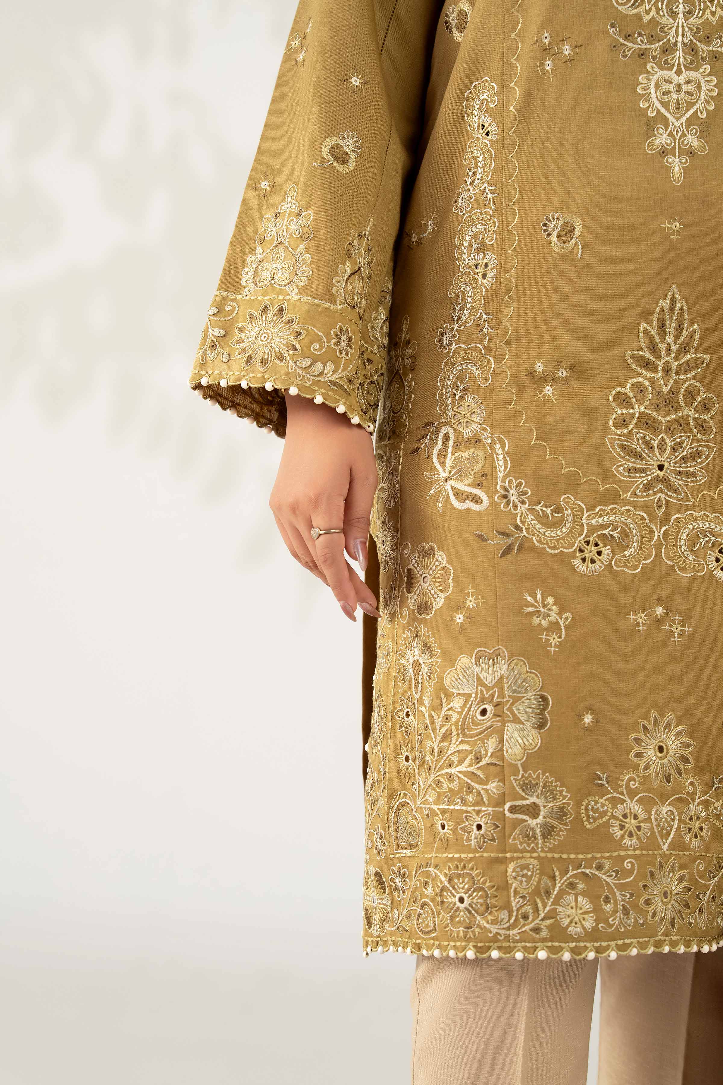 NISHATUAE - Olive Embroidered Karandi 3-piece Unstitched Suit