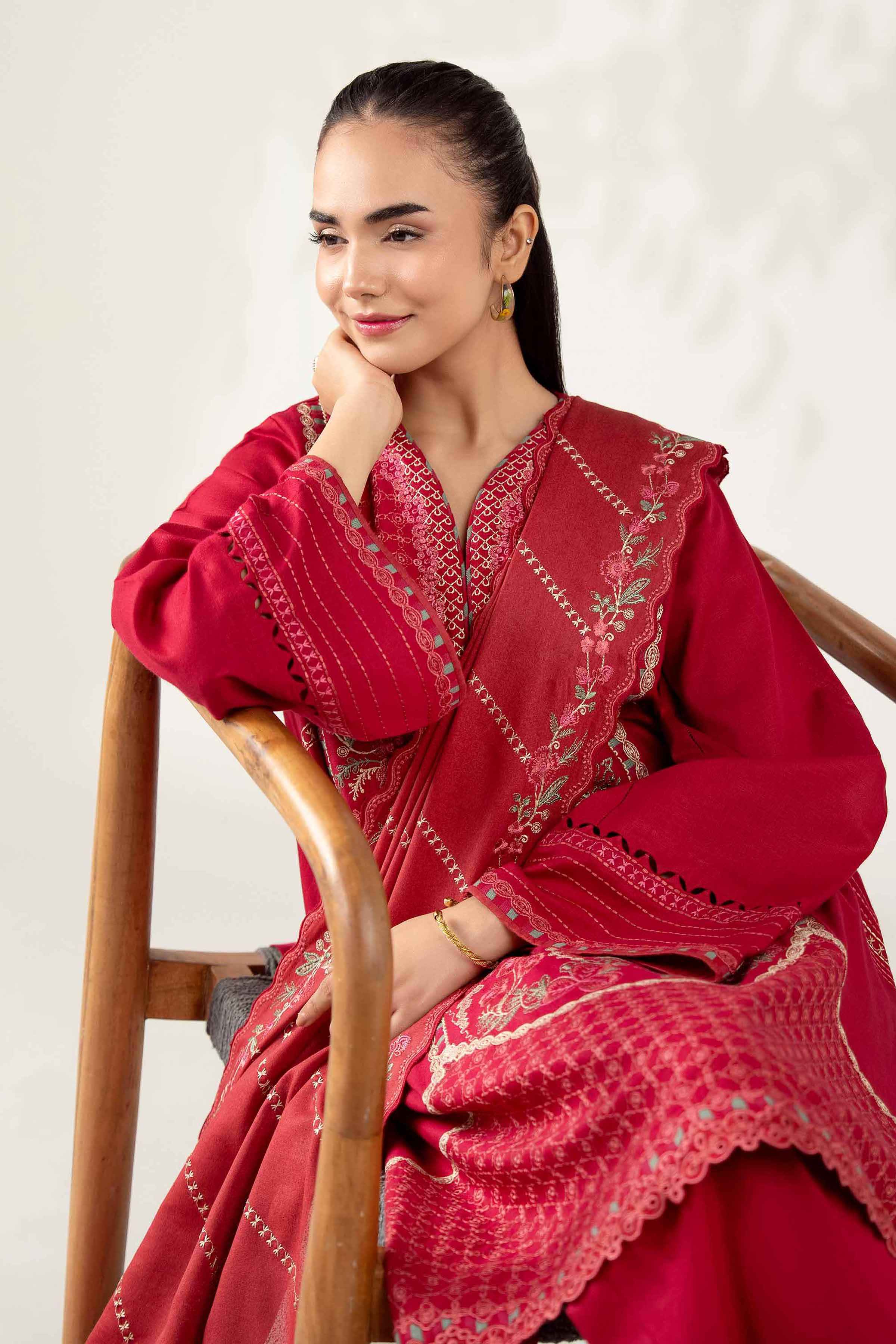 NISHATUAE - Red Embroidered Karandi 3-piece Unstitched Suit