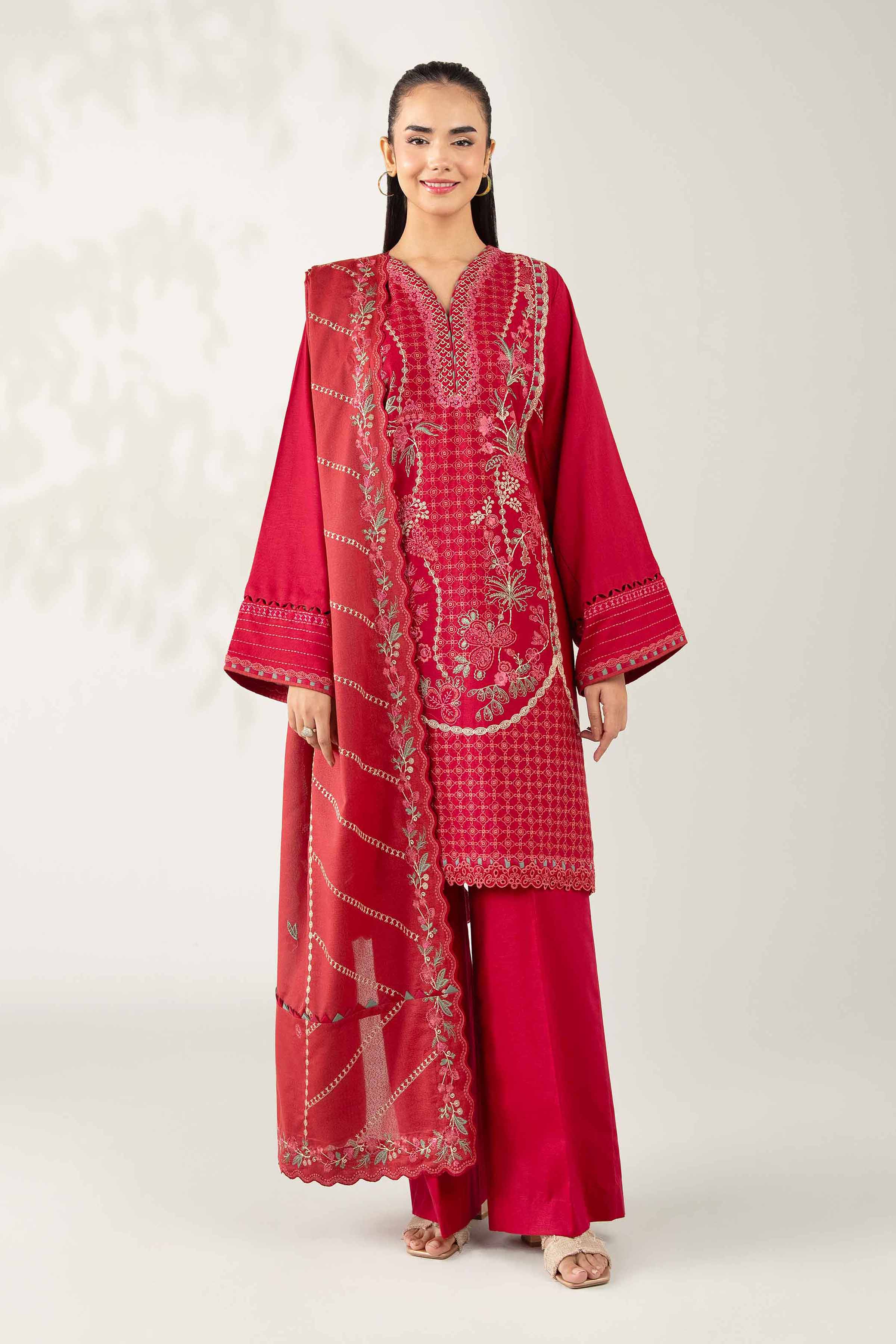 NISHATUAE - Red Embroidered Karandi 3-piece Unstitched Suit