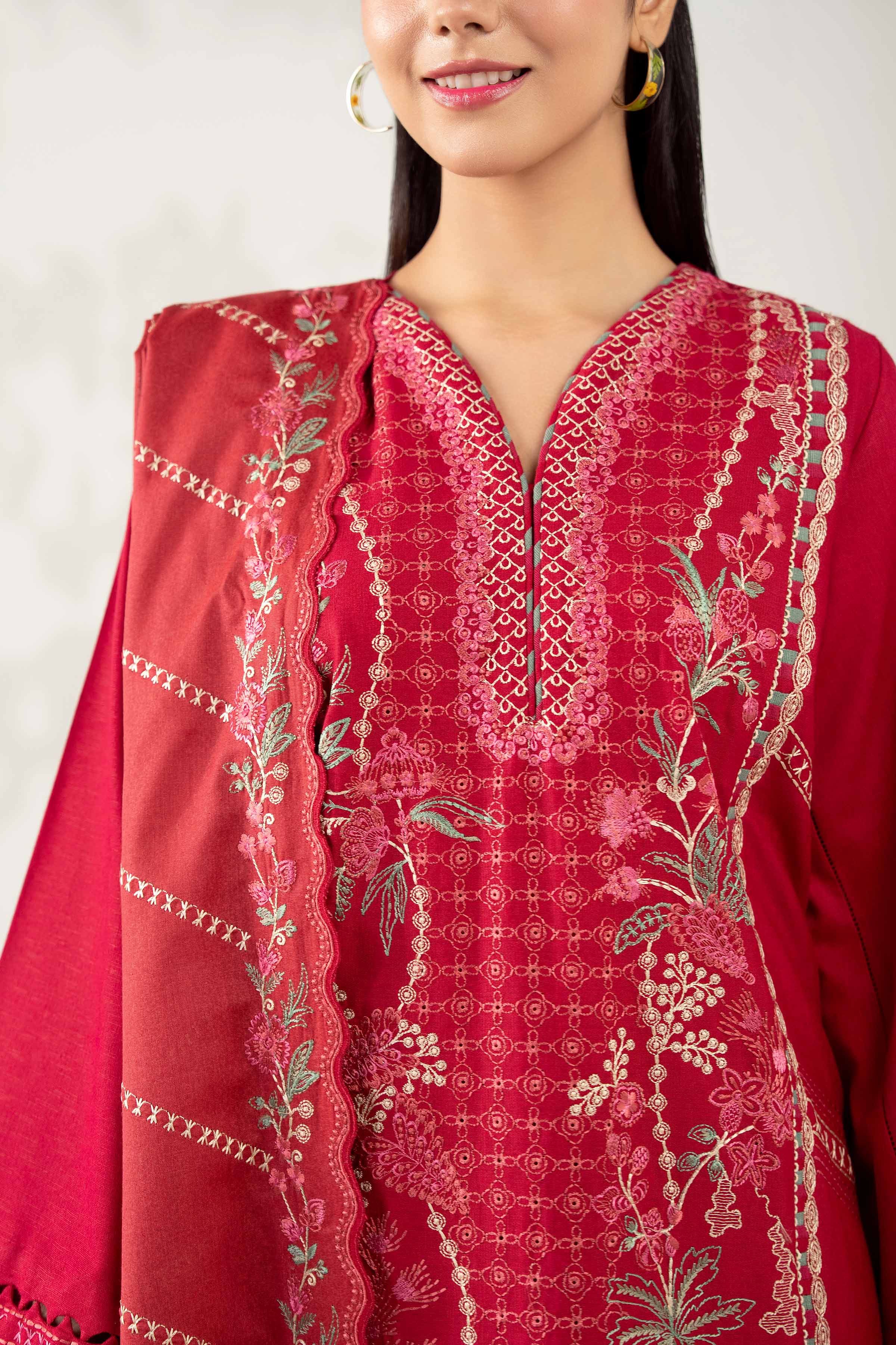NISHATUAE - Red Embroidered Karandi 3-piece Unstitched Suit