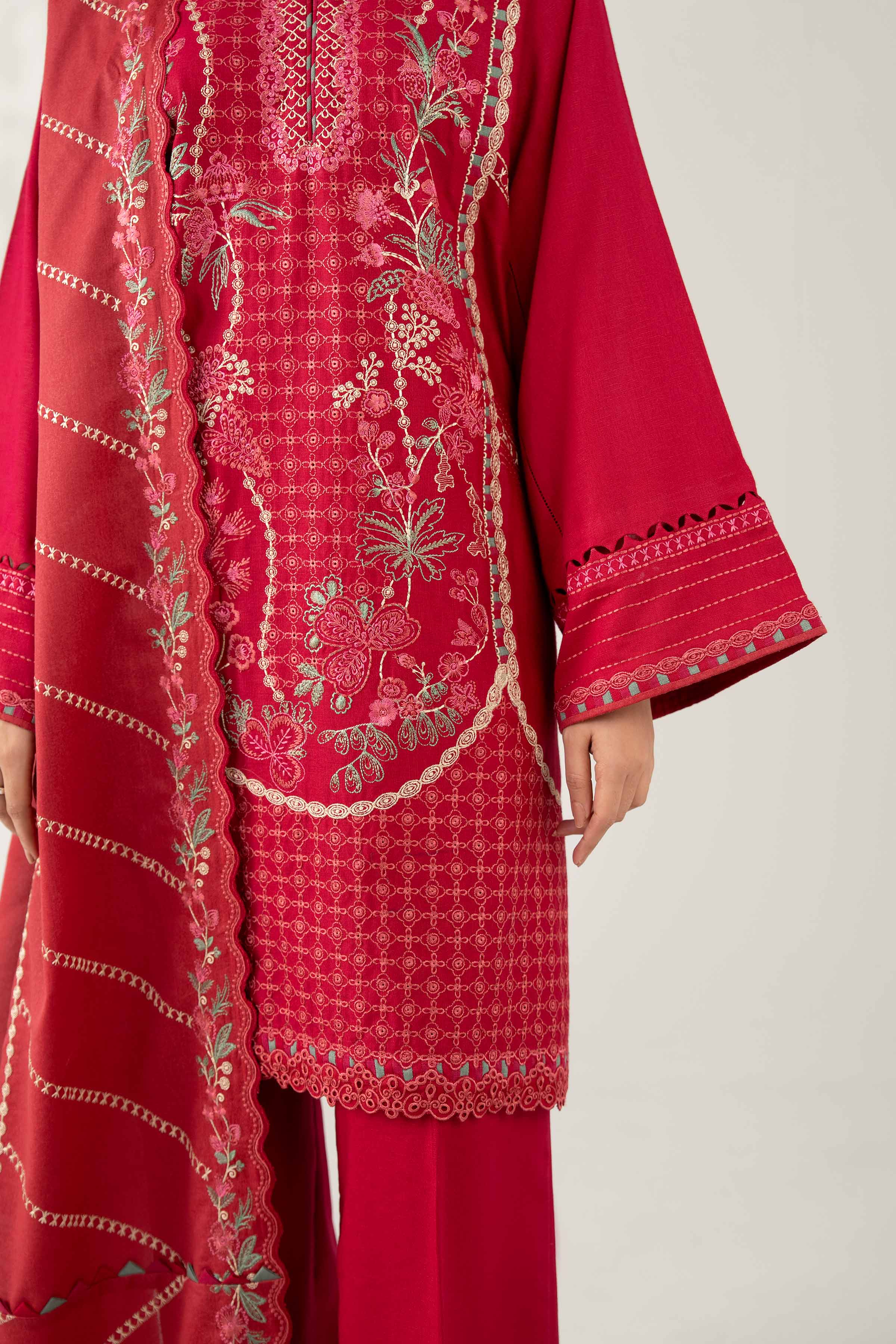 NISHATUAE - Red Embroidered Karandi 3-piece Unstitched Suit
