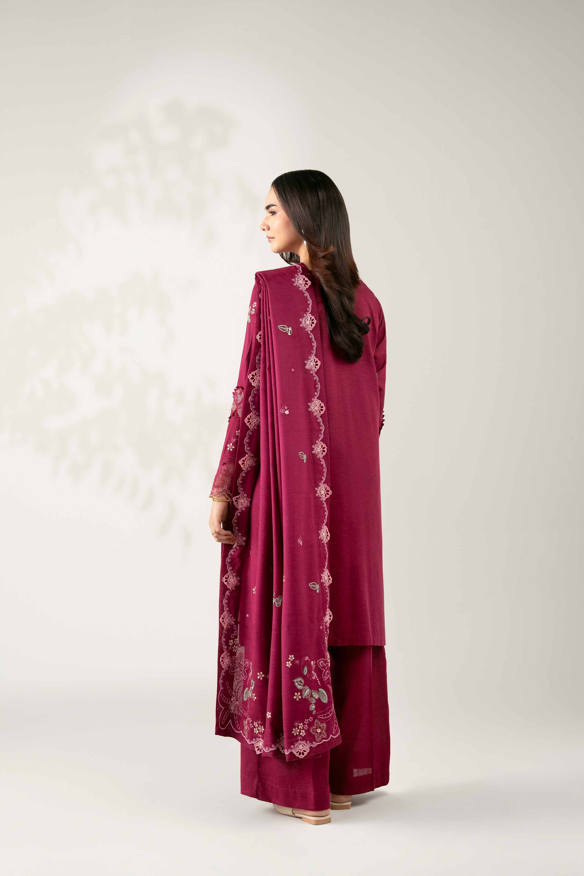NISHATUAE - Burgundy Embroidered Karandi 3-piece Unstitched Suit