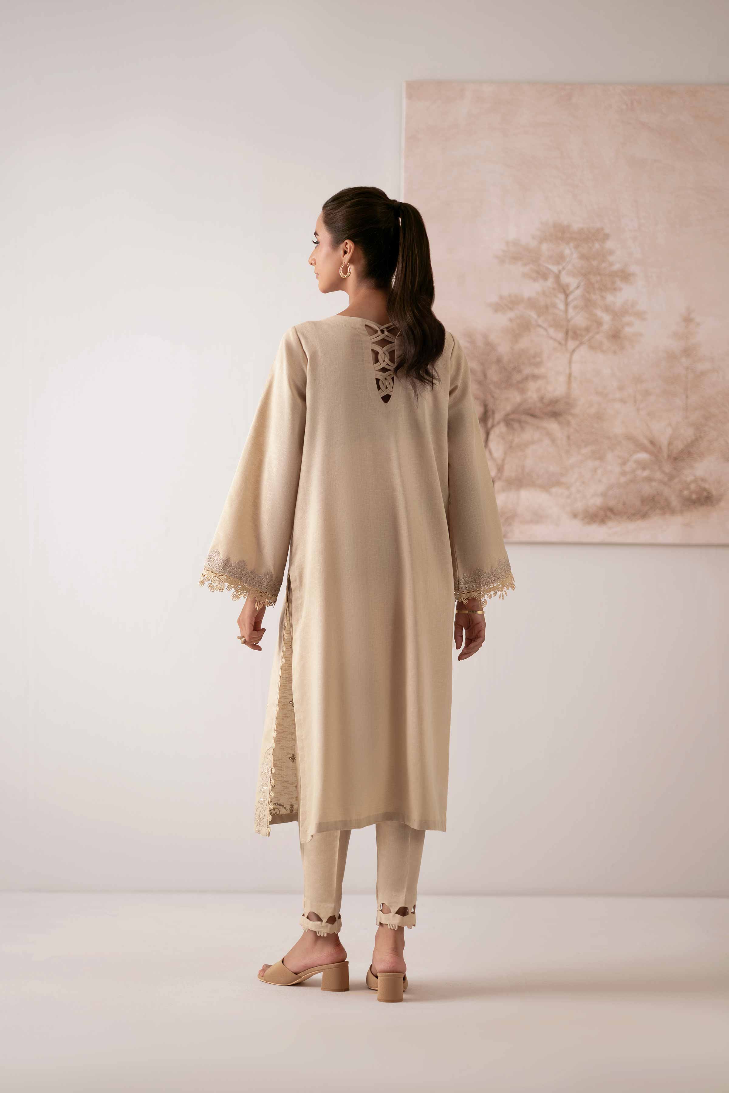 NISHATUAE - Beige Embroidered Karandi 2-piece Unstitched Dress