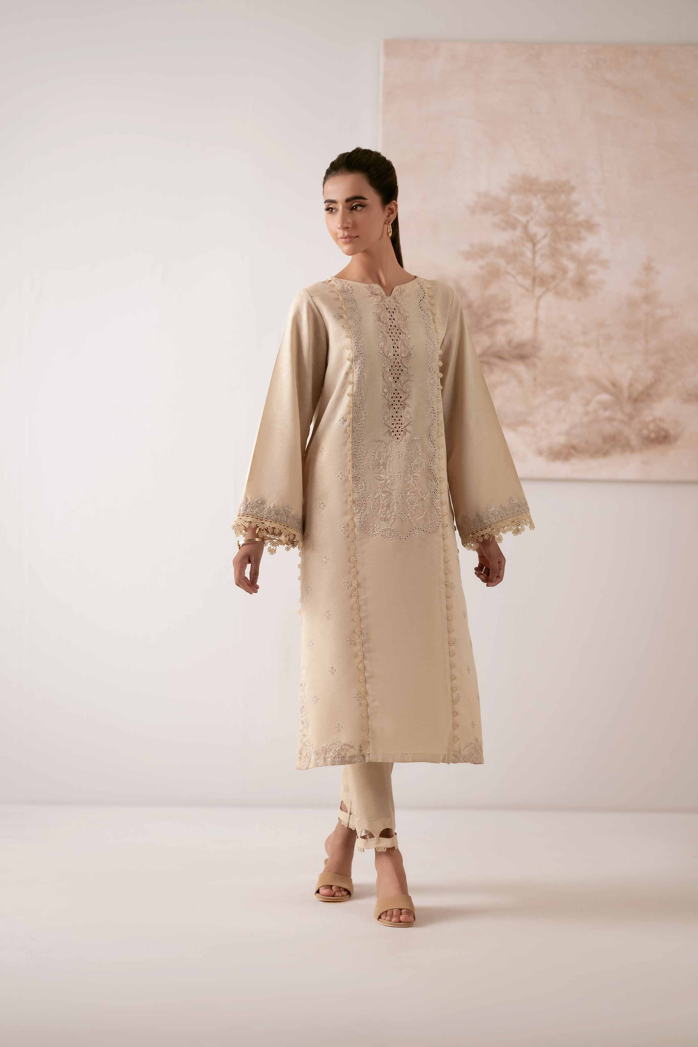 NISHATUAE - Beige Embroidered Karandi 2-piece Unstitched Dress