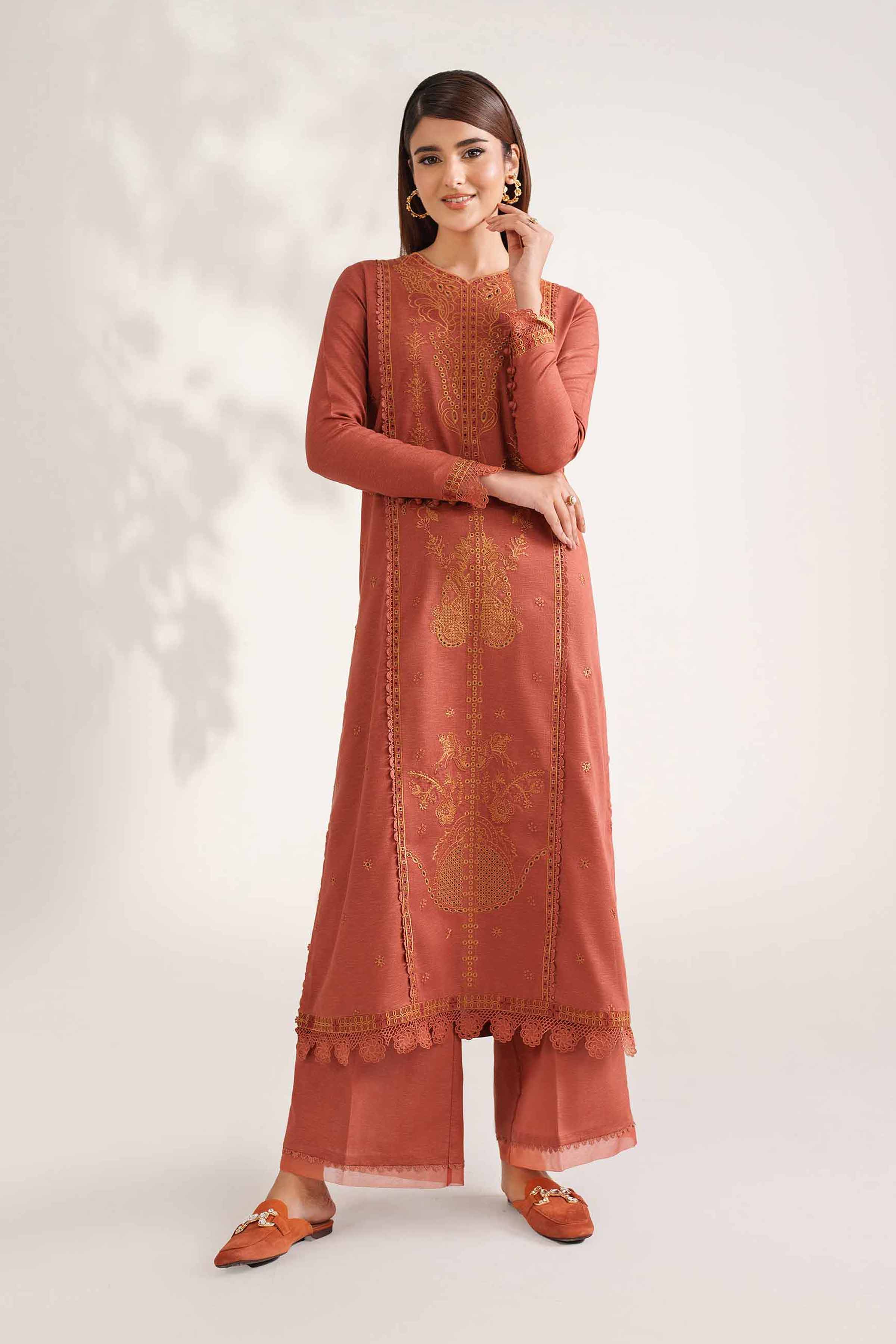 NISHATUAE - Rust Embroidered Karandi 2-piece Unstitched Dress