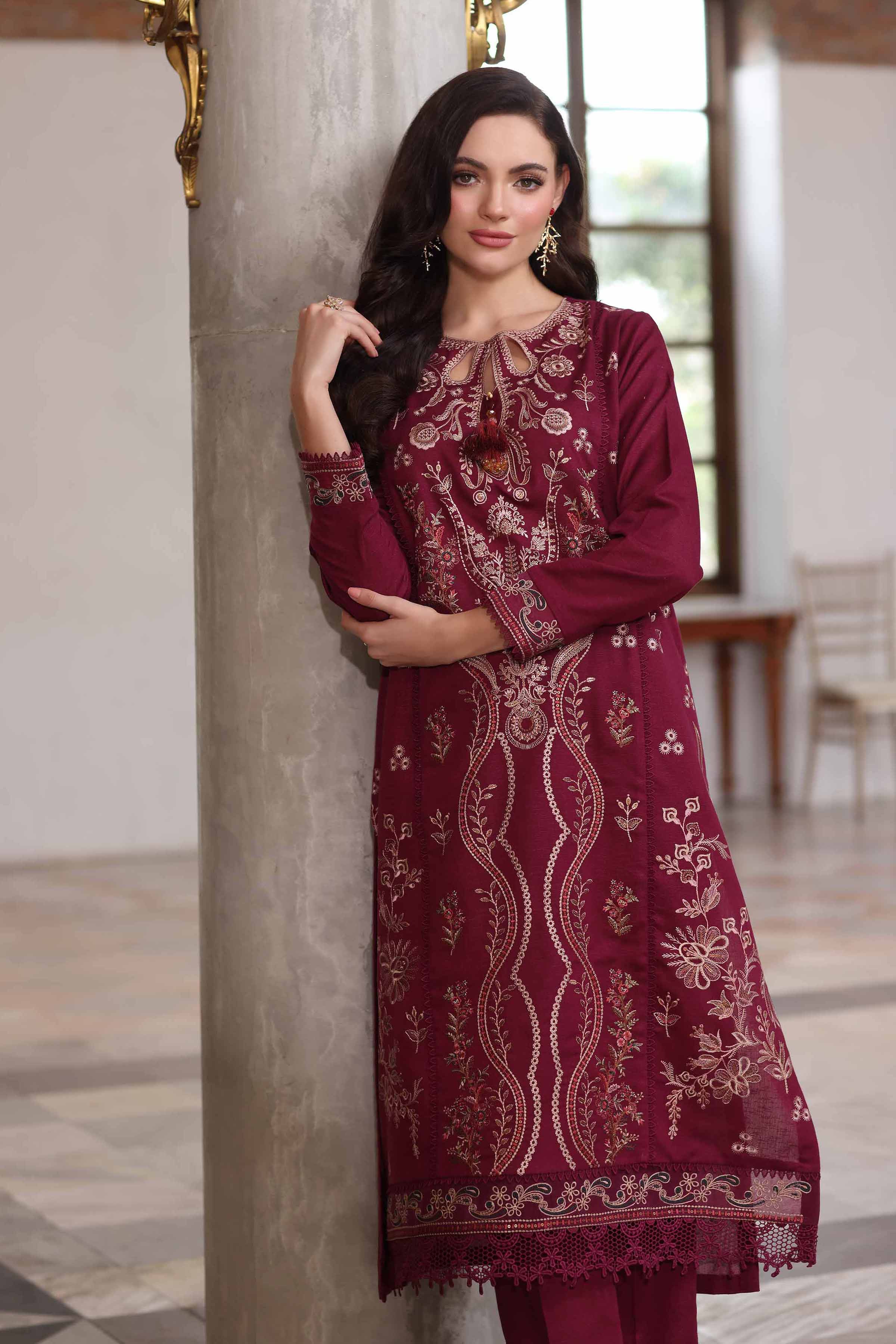 NISHATUAE - Maroon Embroidered Karandi 2-piece Unstitched Dress