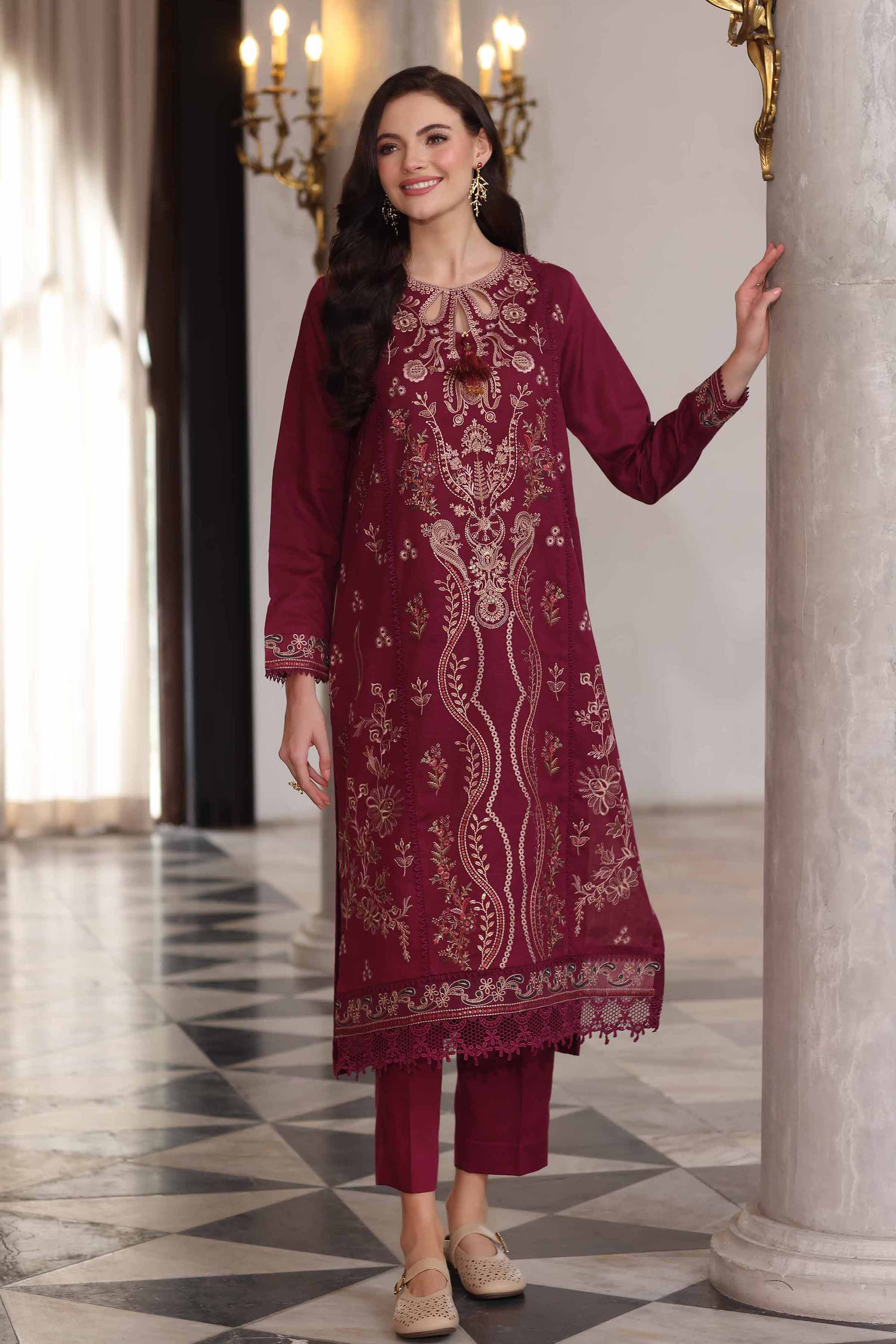 NISHATUAE - Maroon Embroidered Karandi 2-piece Unstitched Dress