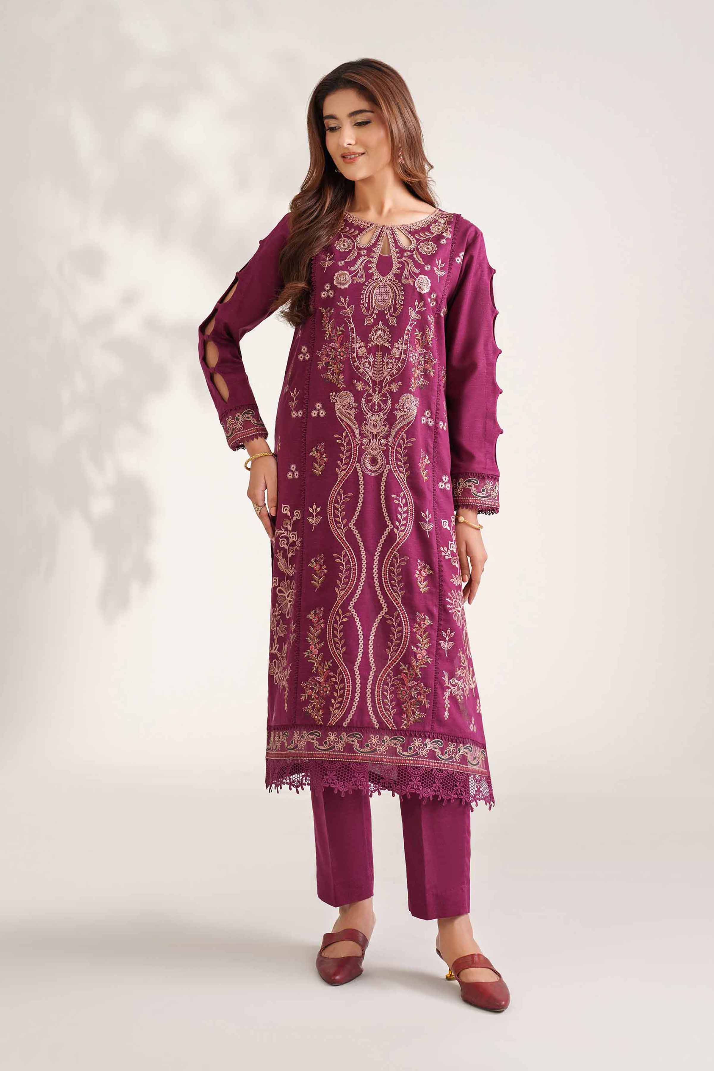 NISHATUAE - Maroon Embroidered Karandi 2-piece Unstitched Dress