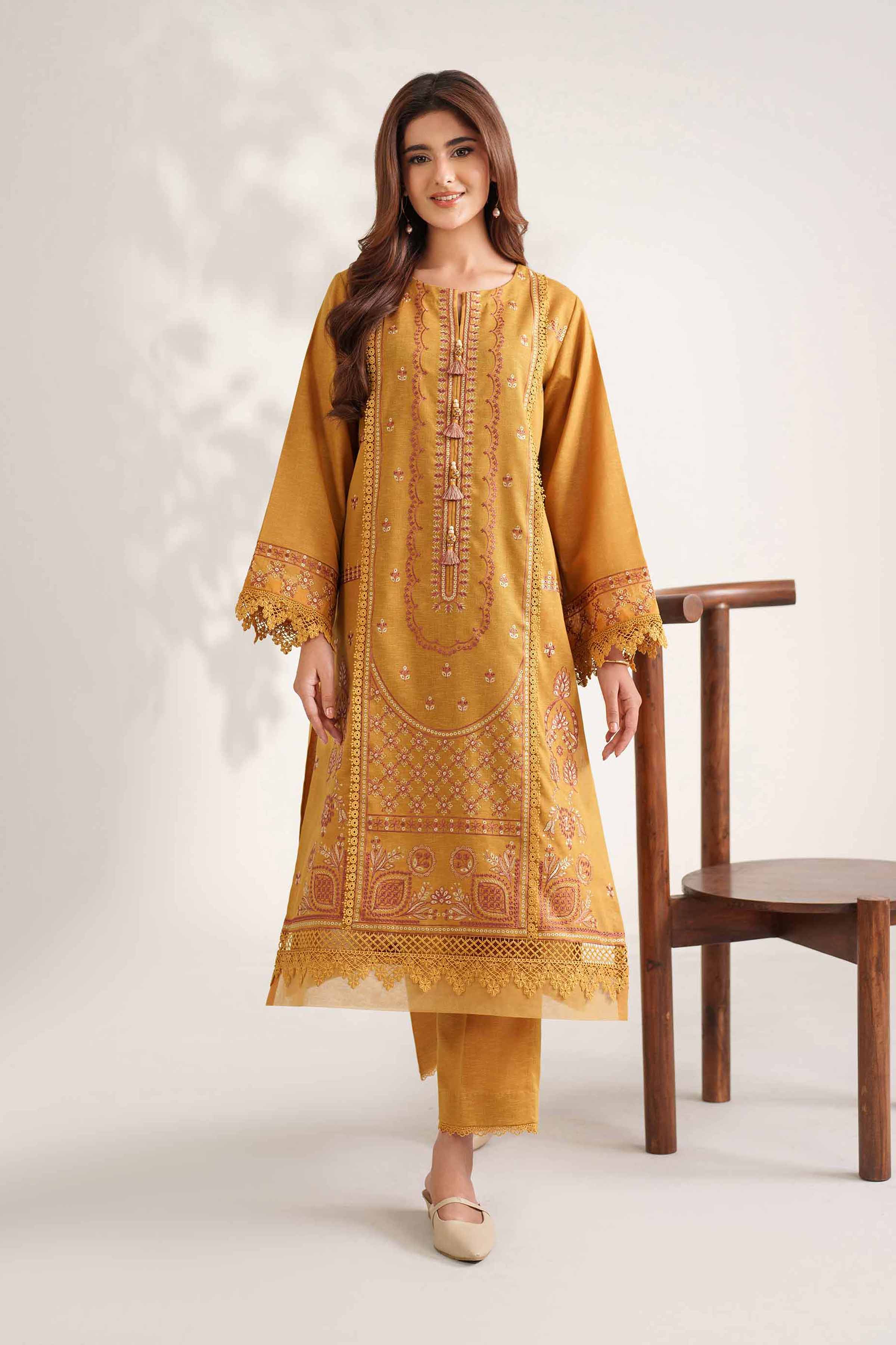 NISHATUAE - Gold Embroidered Karandi 2-piece Unstitched Dress