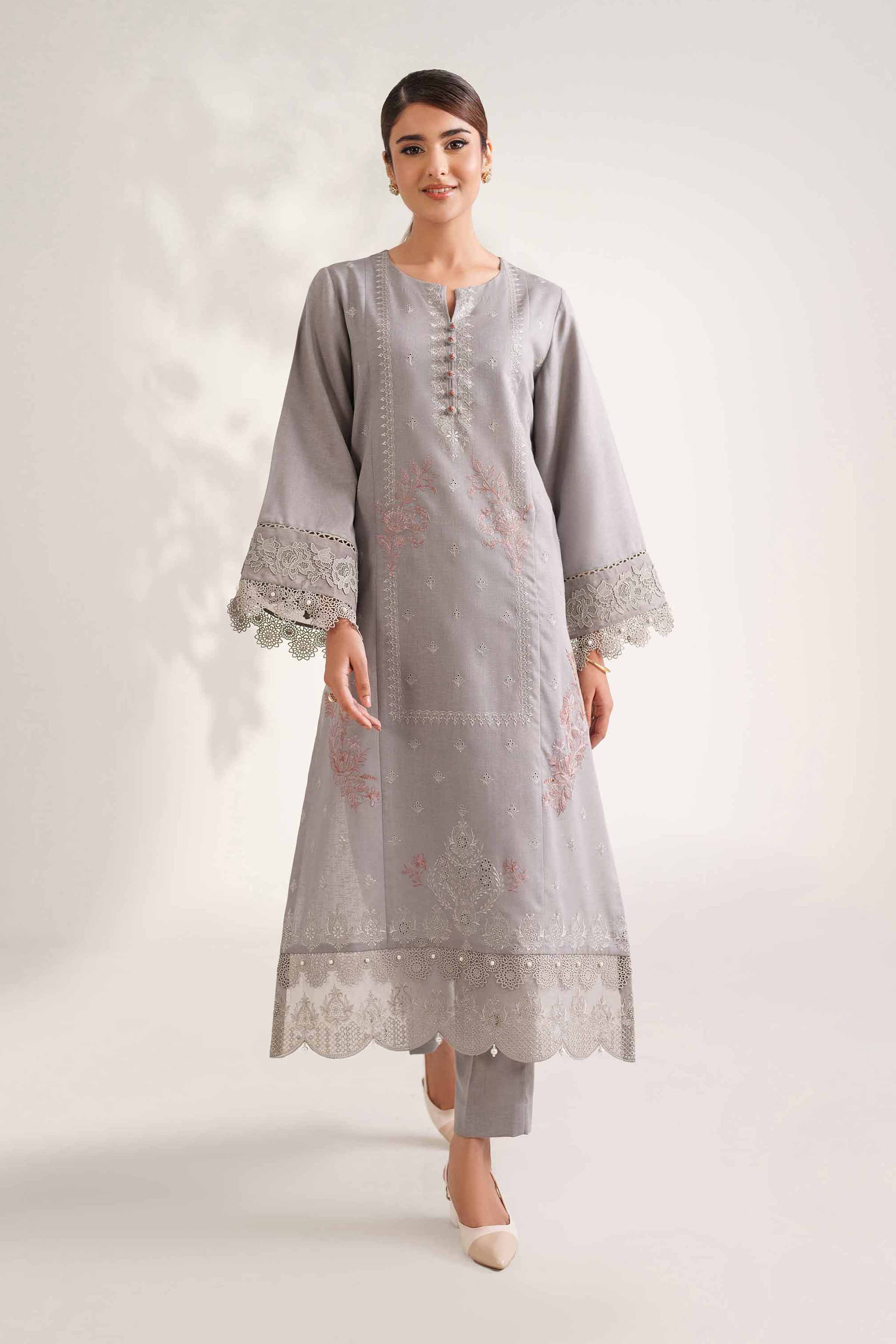 NISHATUAE - Grey Embroidered Karandi 2-piece Unstitched Dress