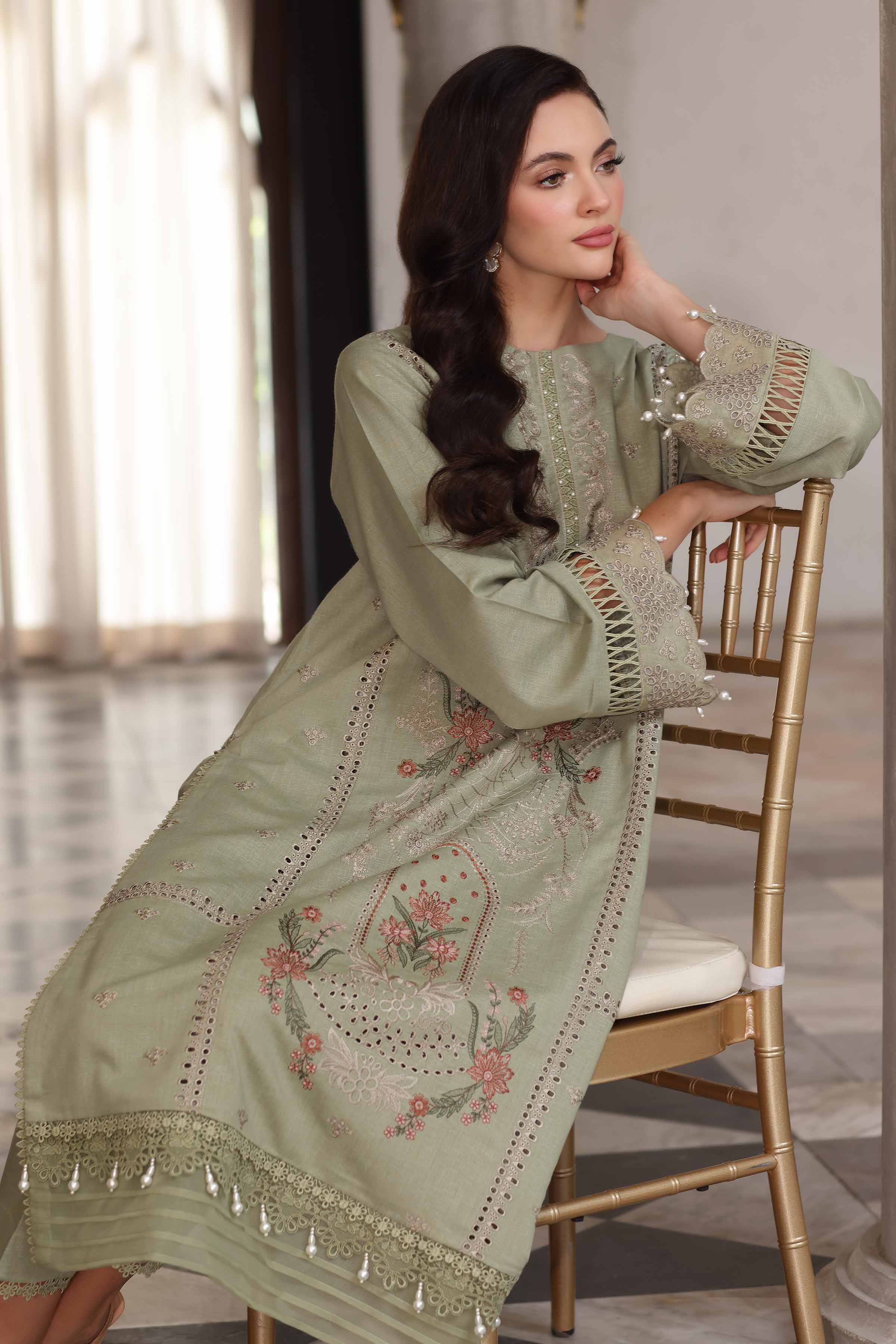 NISHATUAE - Green Embroidered Karandi 2-piece Unstitched Dress