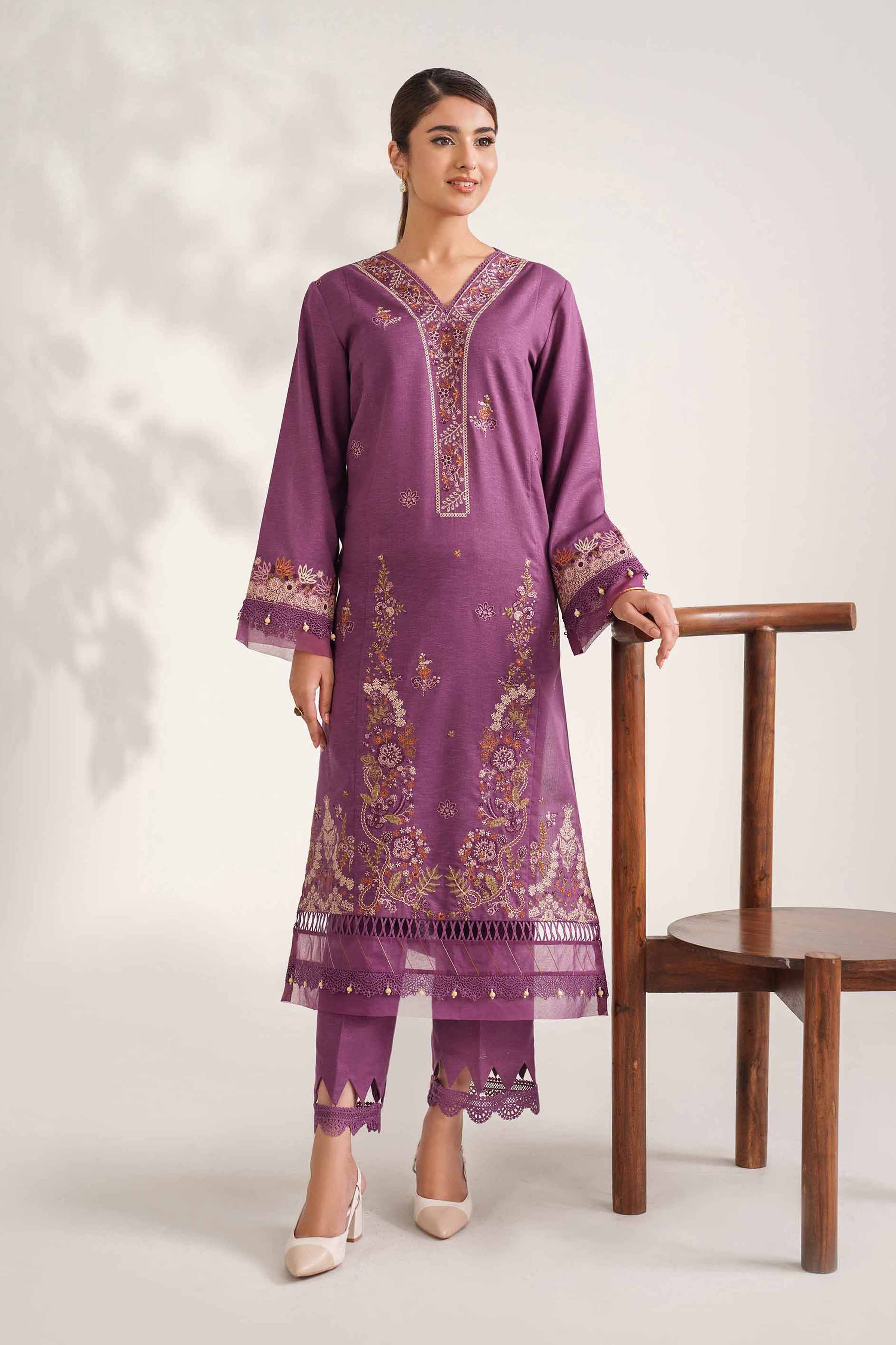 NISHATUAE - Purple Embroidered Karandi 2-piece Unstitched Dress
