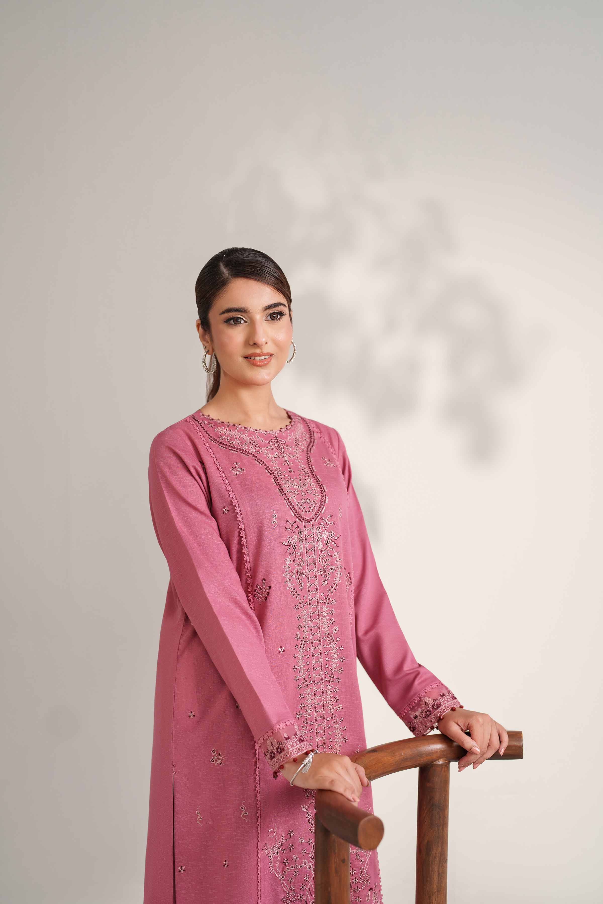 NISHATUAE - Pink Embroidered Karandi 2-piece Unstitched Dress