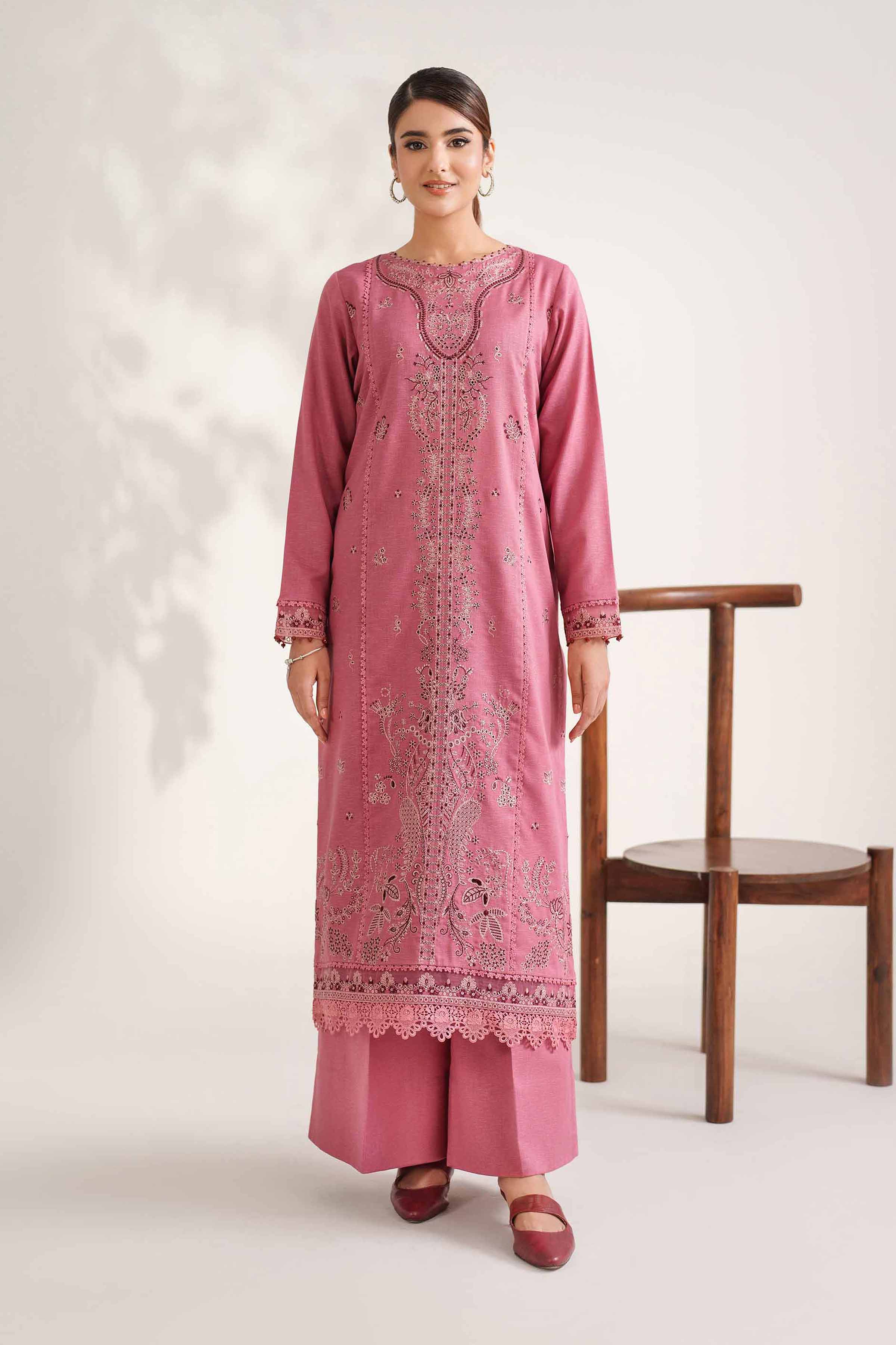 NISHATUAE - Pink Embroidered Karandi 2-piece Unstitched Dress