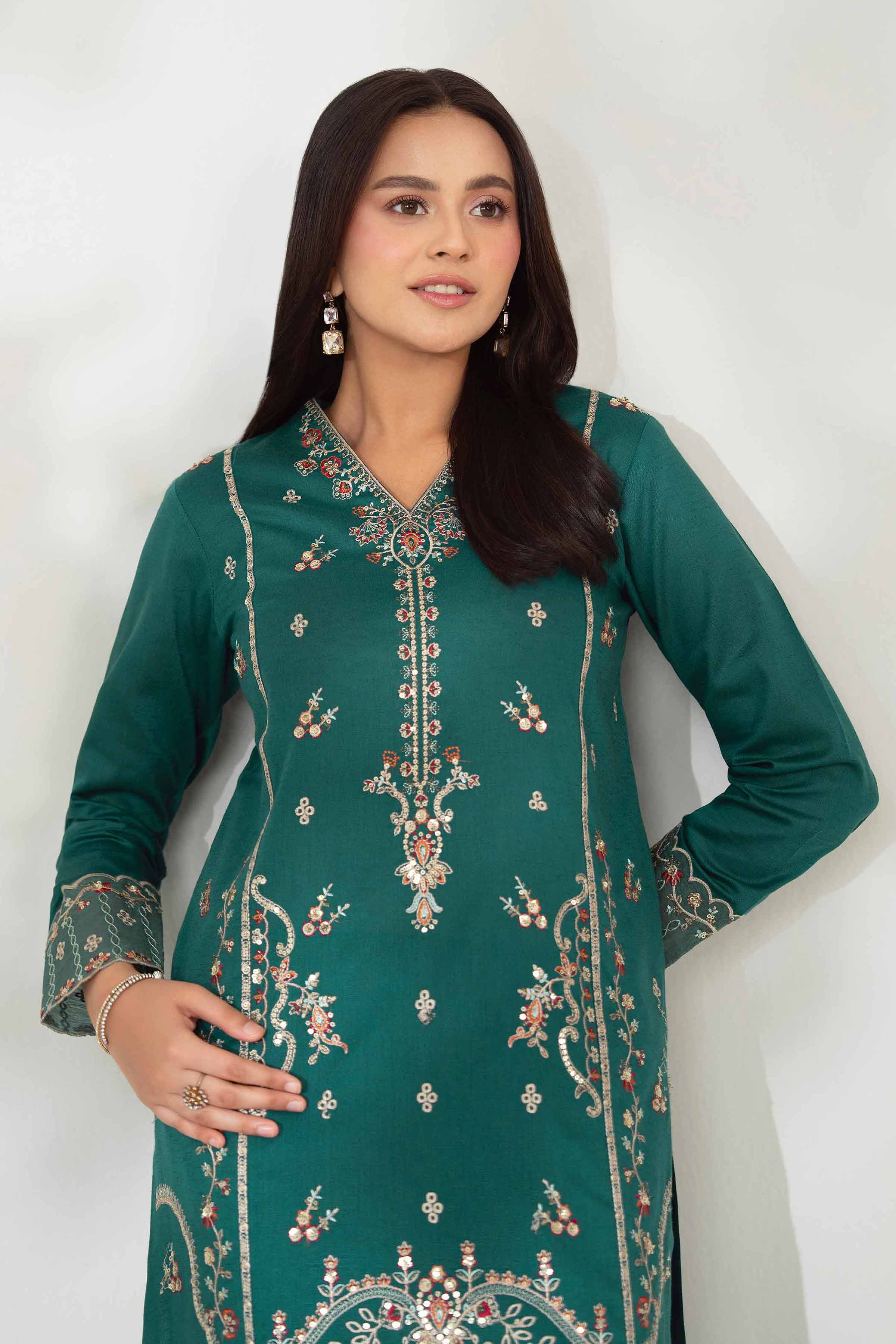 NISHATUAE - Green Embroidered Karandi 2-piece Unstitched Dress