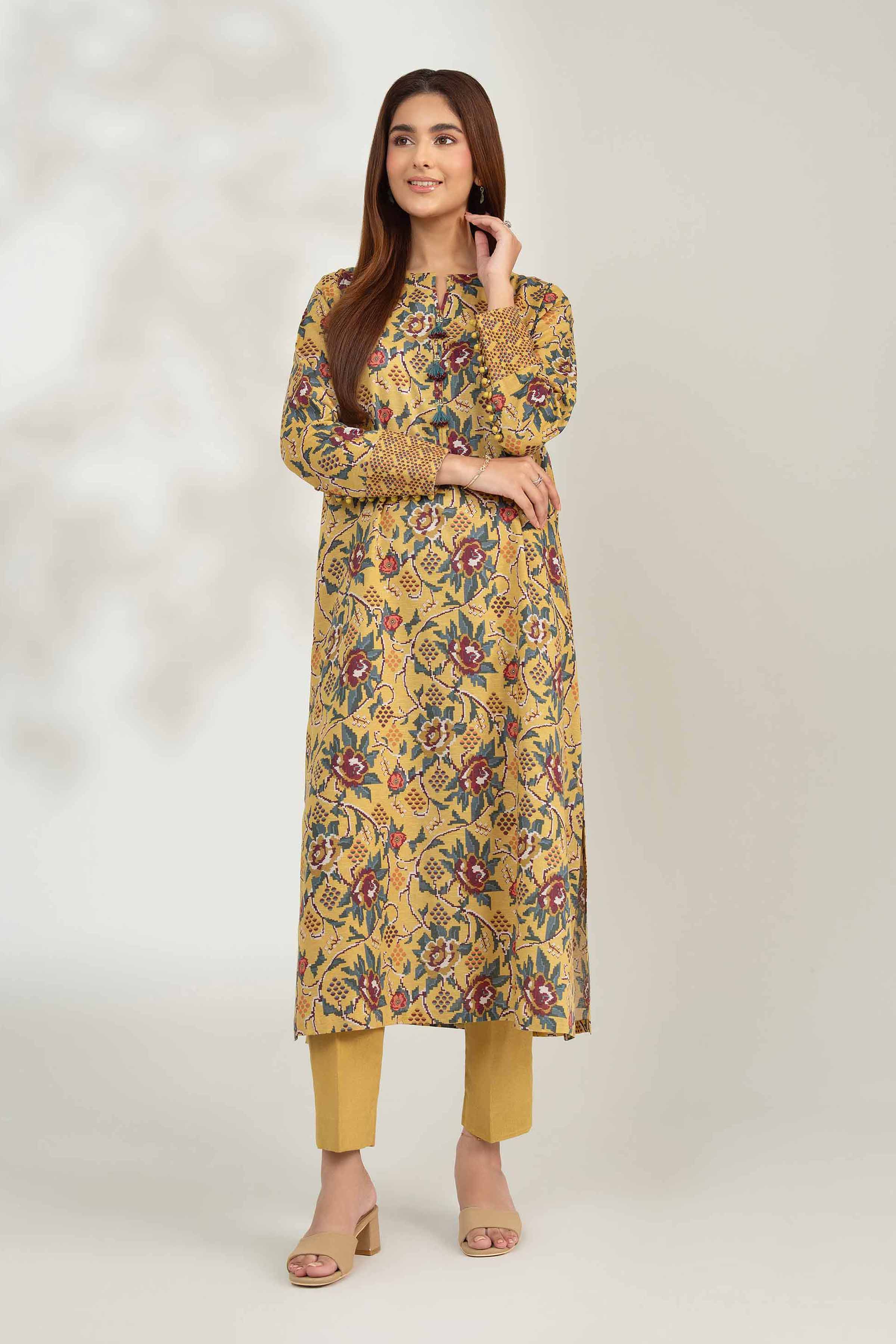 NISHATUAE - Gold Printed Karandi 2-piece Unstitched Dress