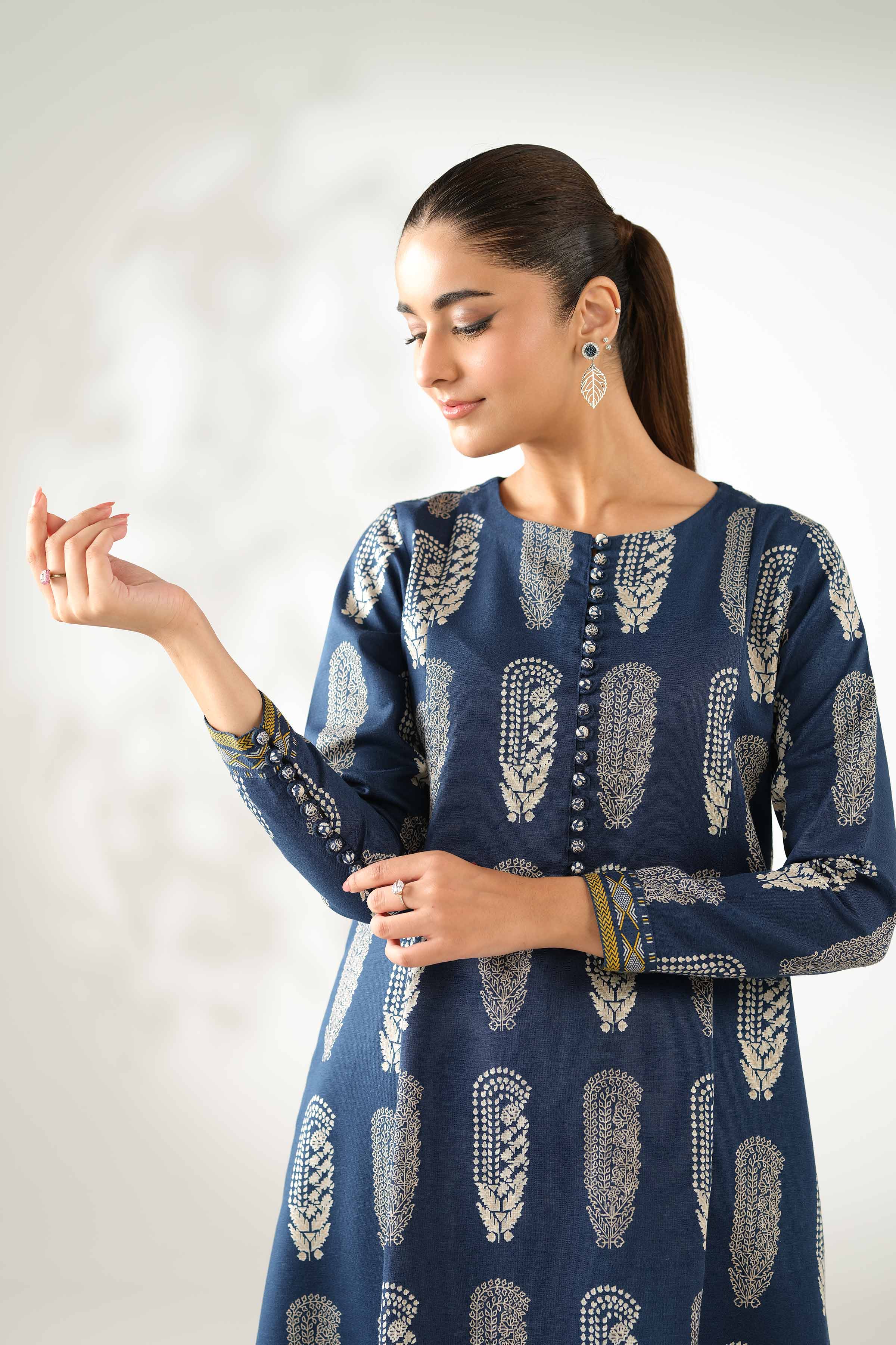NISHATUAE - Blue Printed Karandi 2-piece Unstitched Dress
