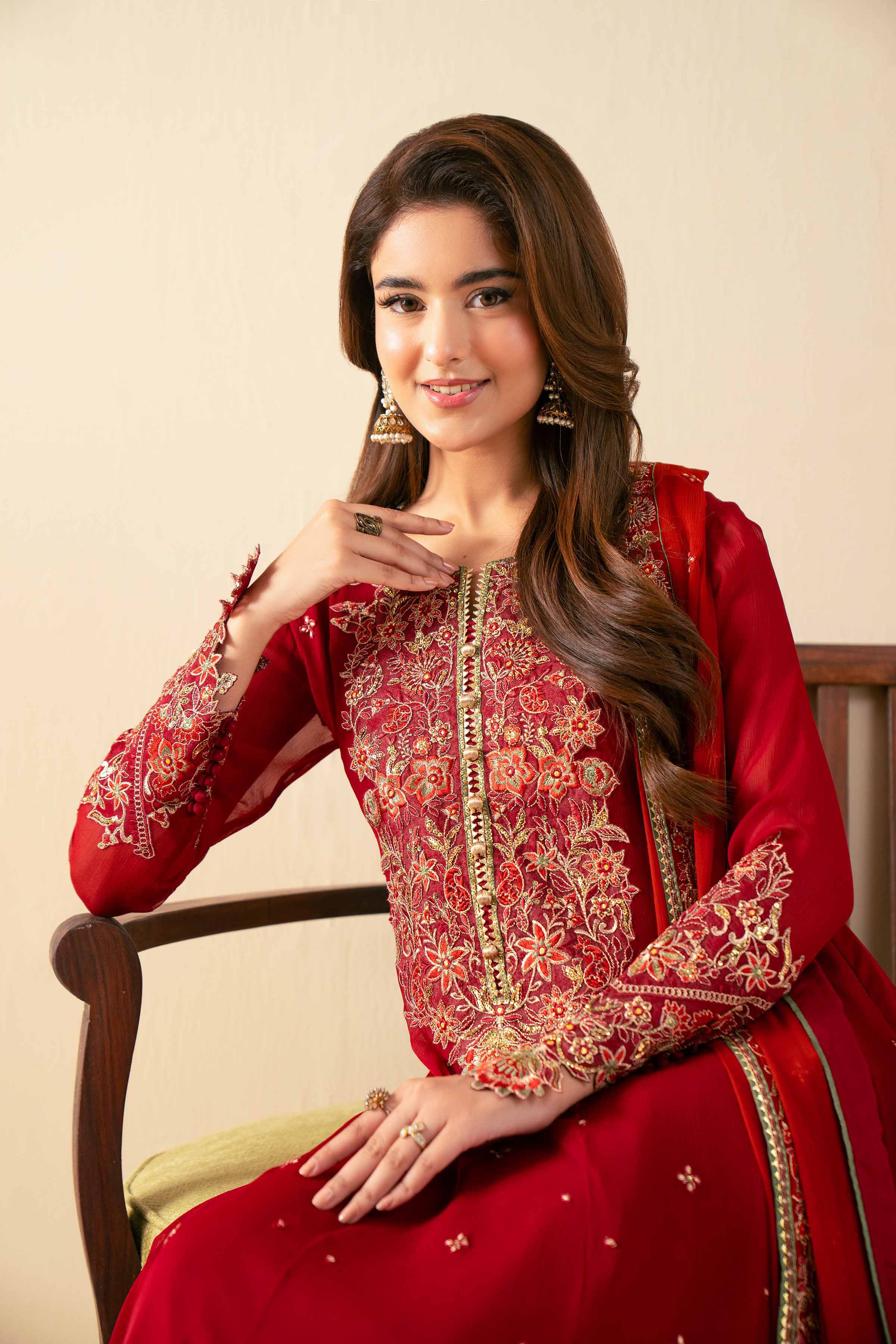 NISHATUAE - Maroon Embroidered Chiffon 3-piece Unstitched Suit