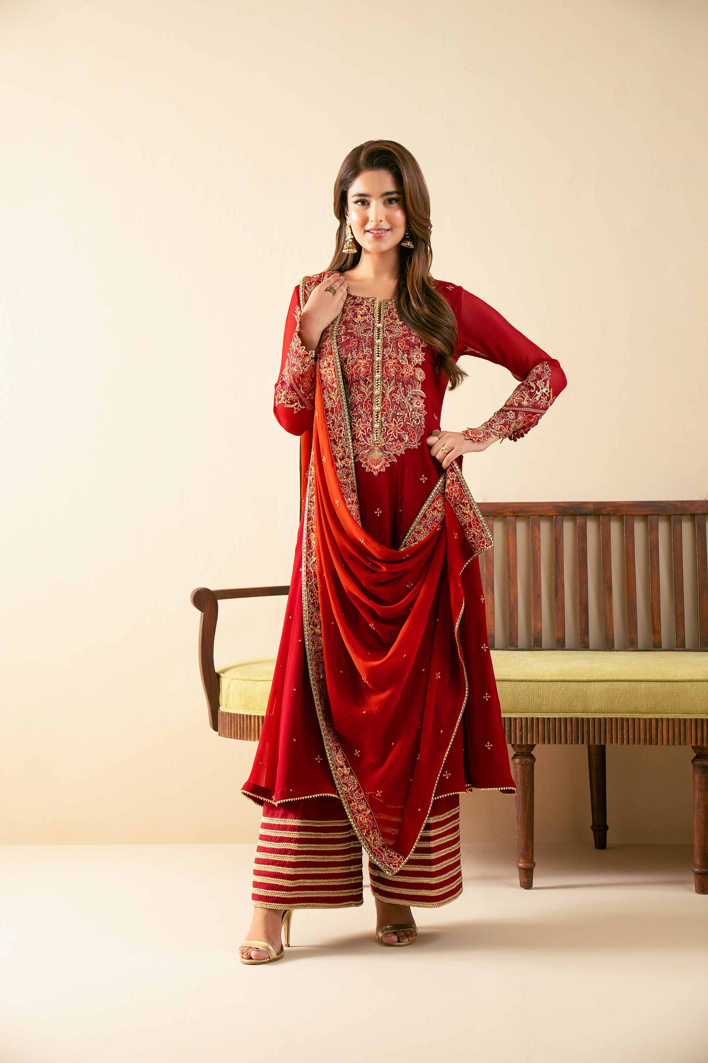 NISHATUAE - Maroon Embroidered Chiffon 3-piece Unstitched Suit