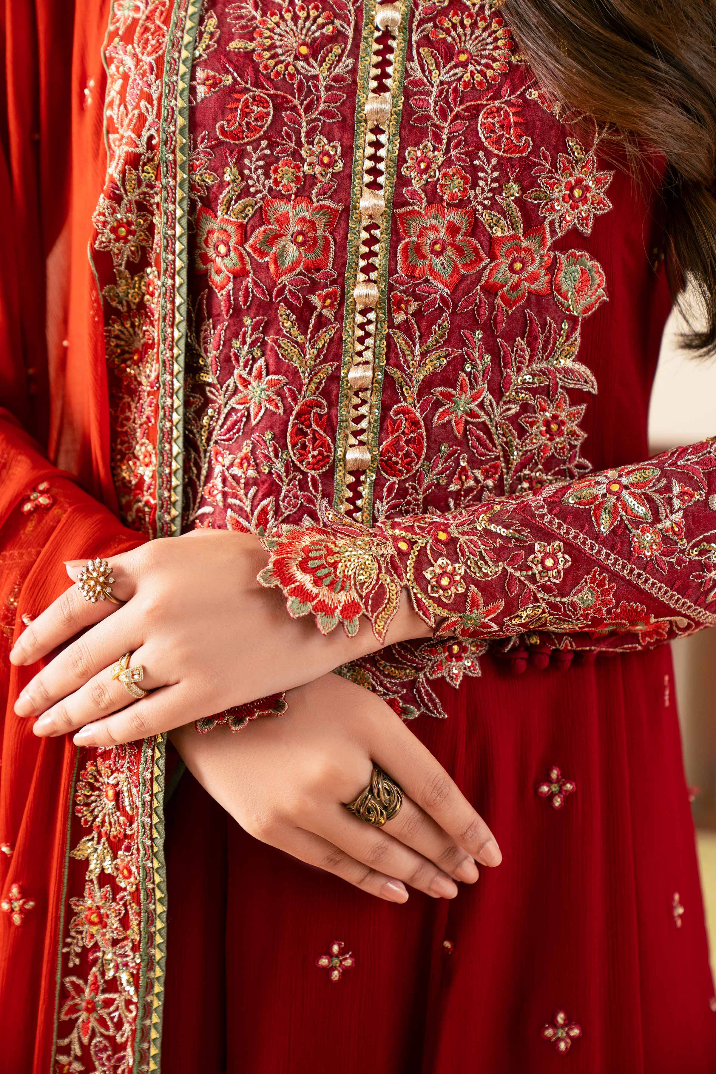 NISHATUAE - Maroon Embroidered Chiffon 3-piece Unstitched Suit