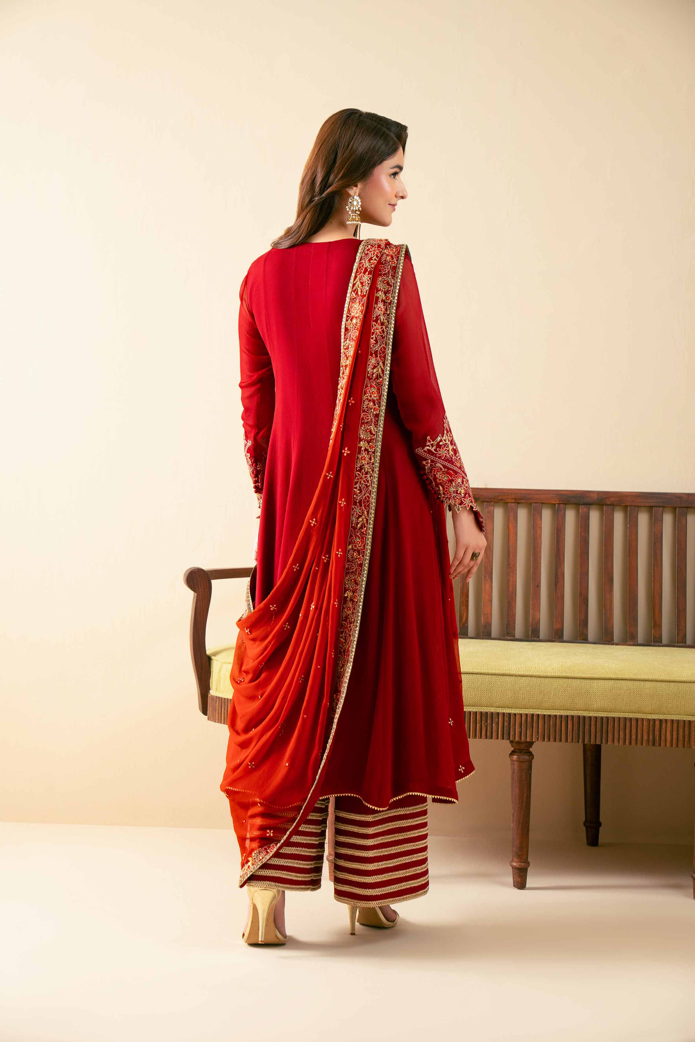 NISHATUAE - Maroon Embroidered Chiffon 3-piece Unstitched Suit