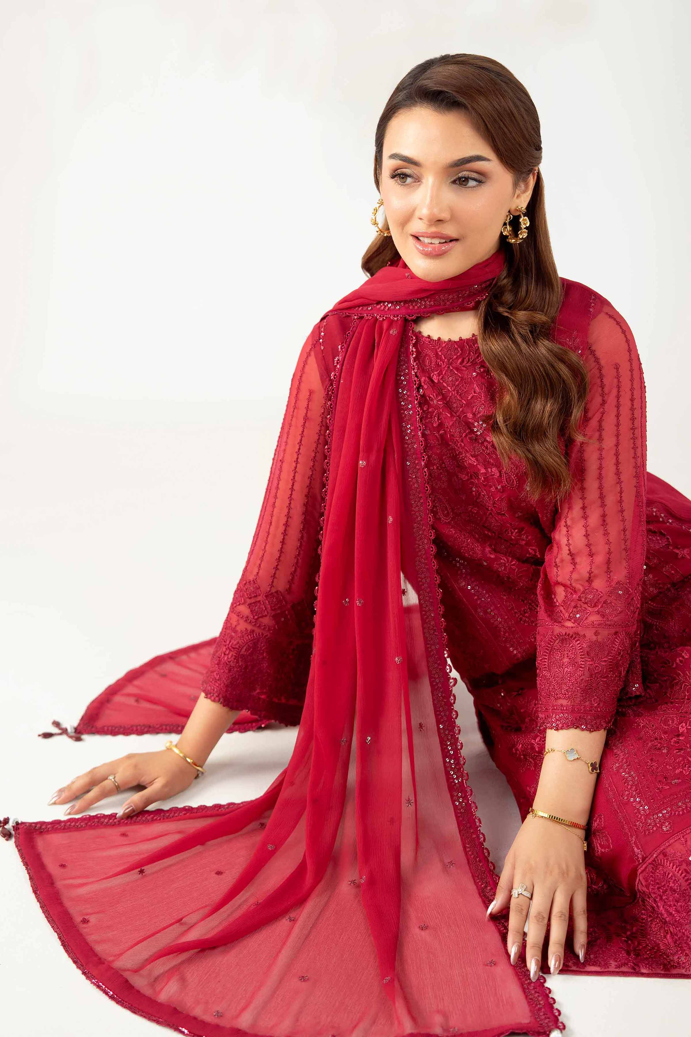 NISHATUAE - Burgundy Embroidered Chiffon 3-piece Unstitched Suit