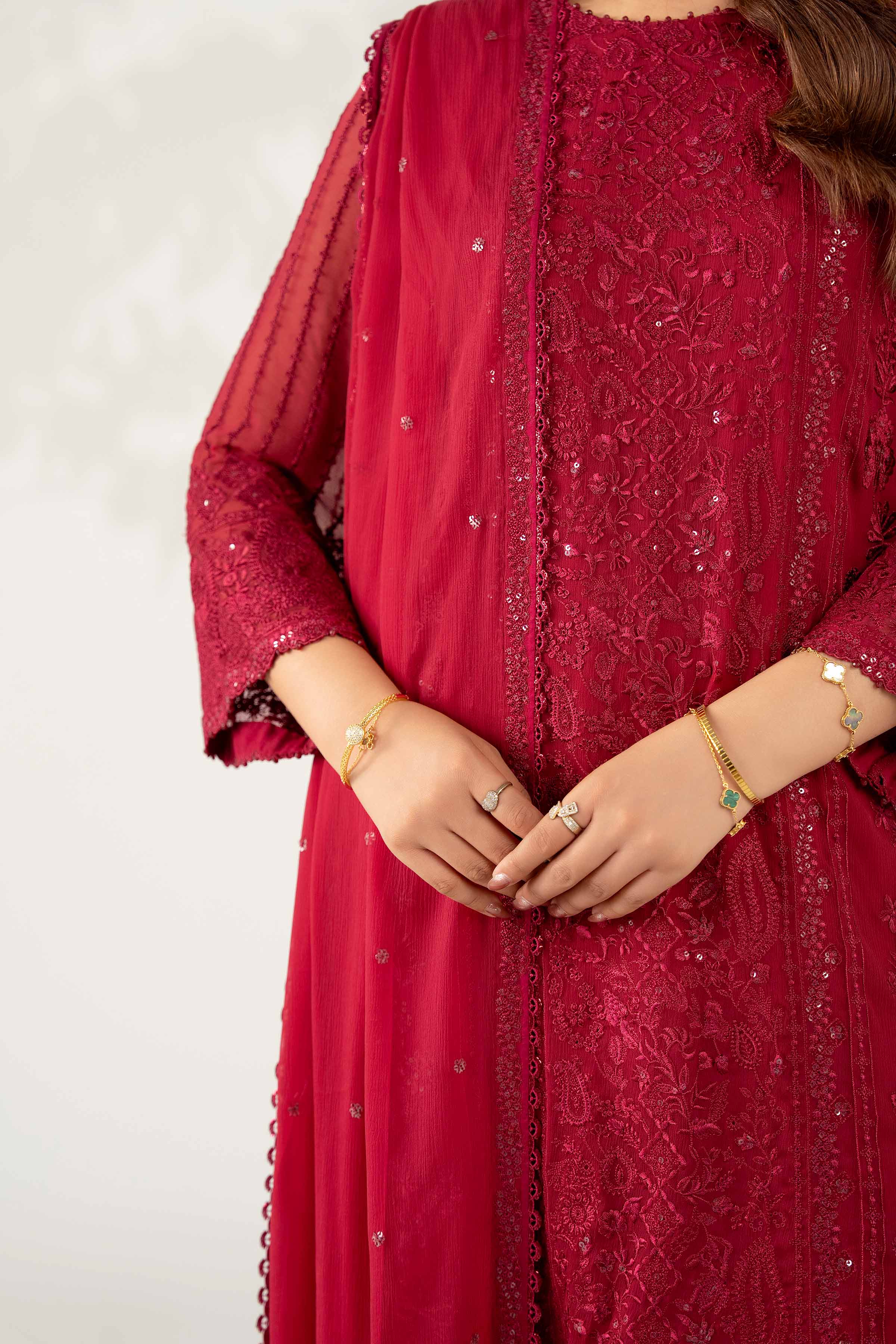 NISHATUAE - Burgundy Embroidered Chiffon 3-piece Unstitched Suit