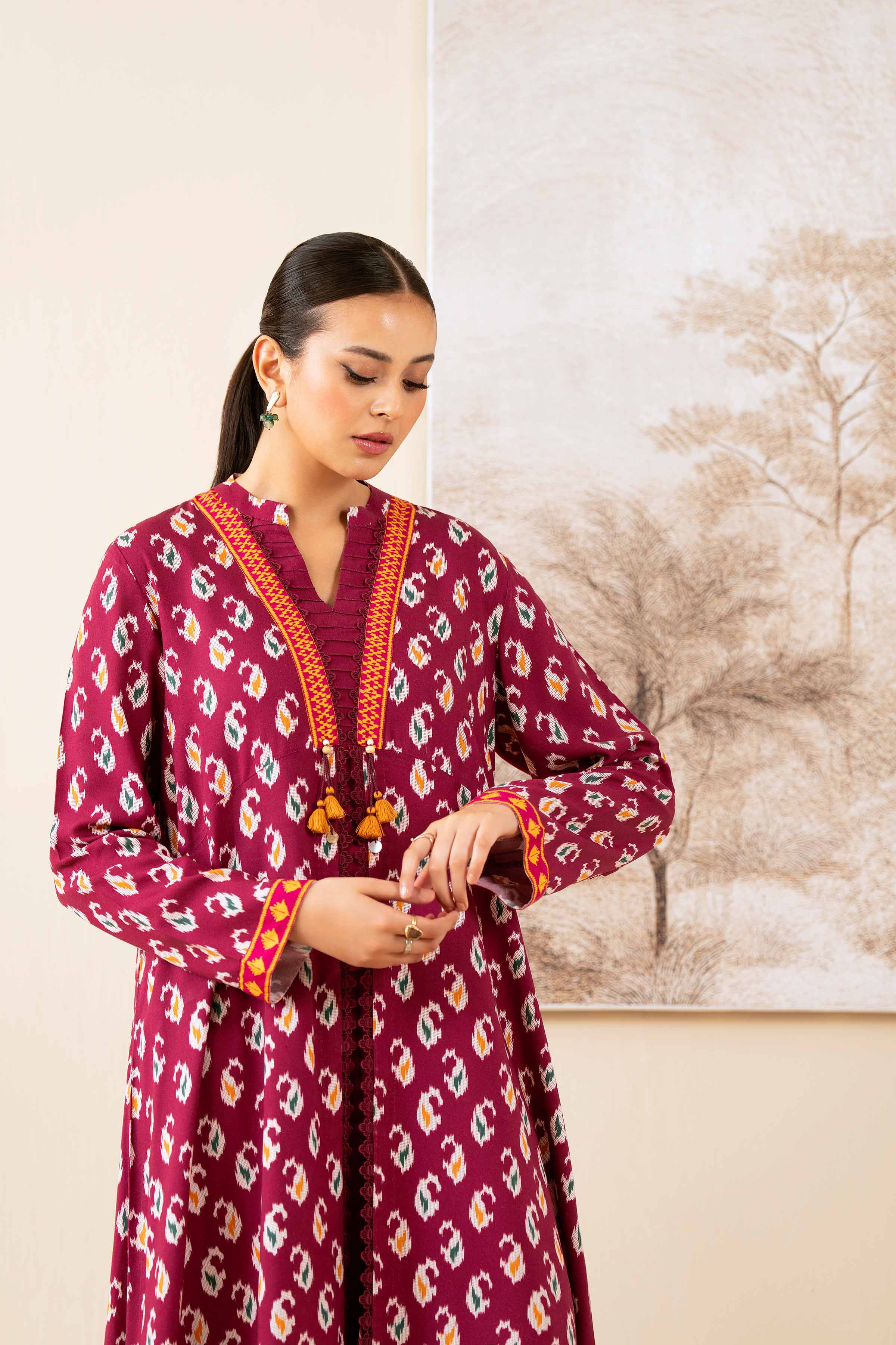 NISHATUAE - Burgundy Printed Linen 2-piece Unstitched Dress