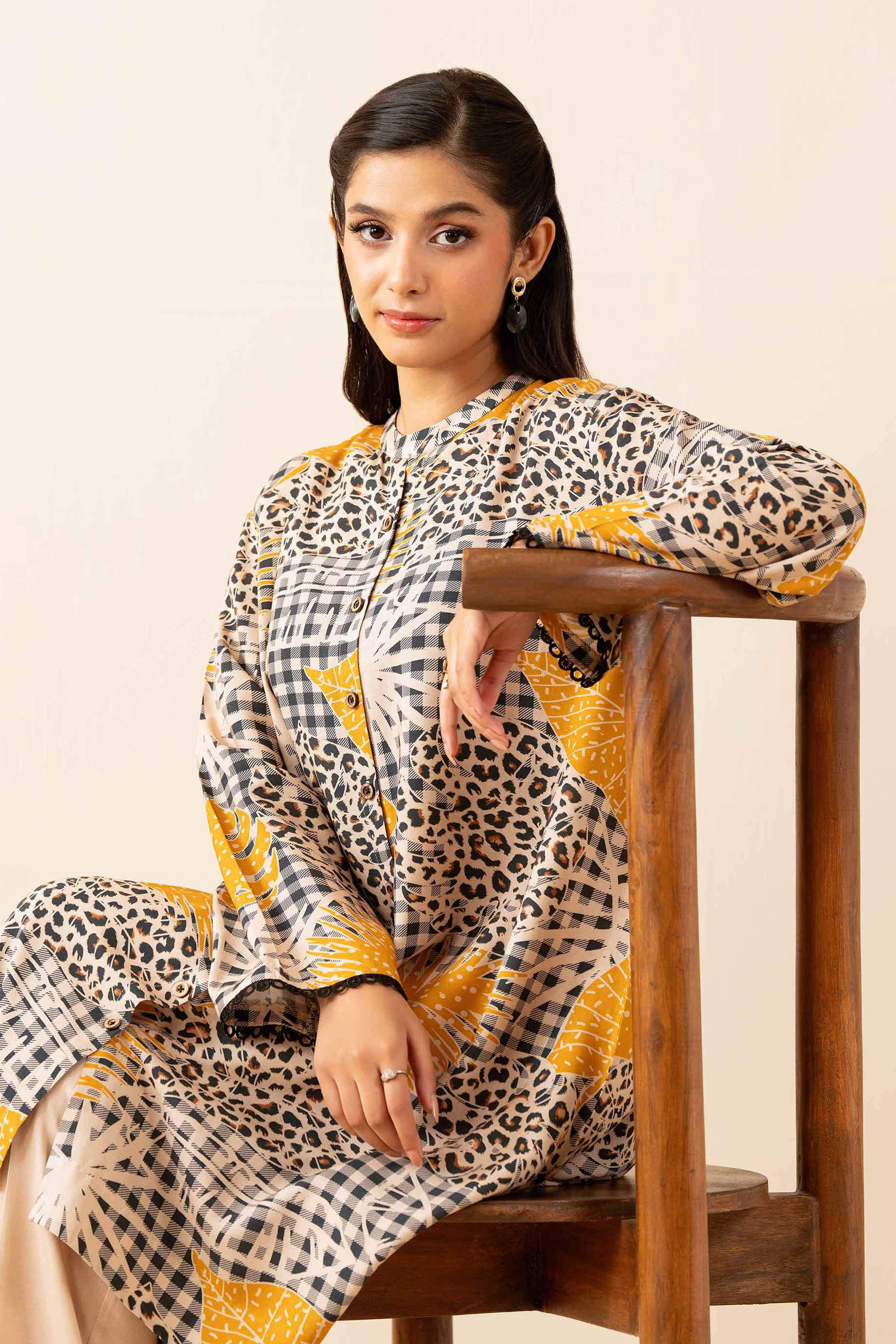 NISHATUAE - Beige Printed Linen 2-piece Unstitched Dress