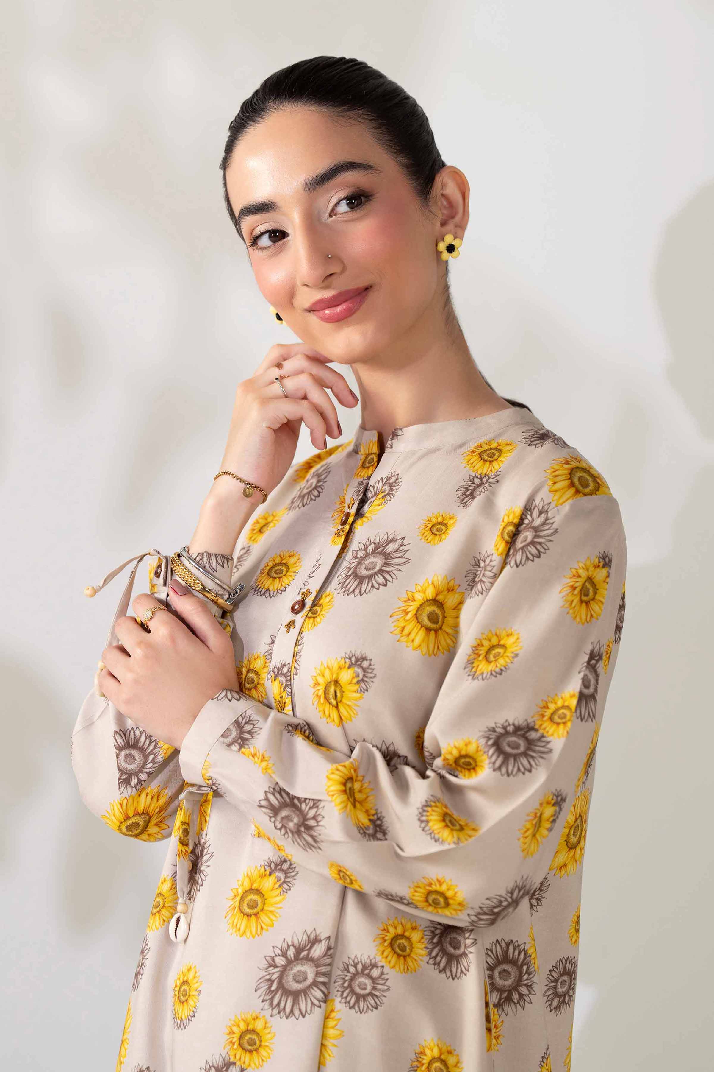 NISHATUAE - Beige Printed Linen 2-piece Unstitched Dress