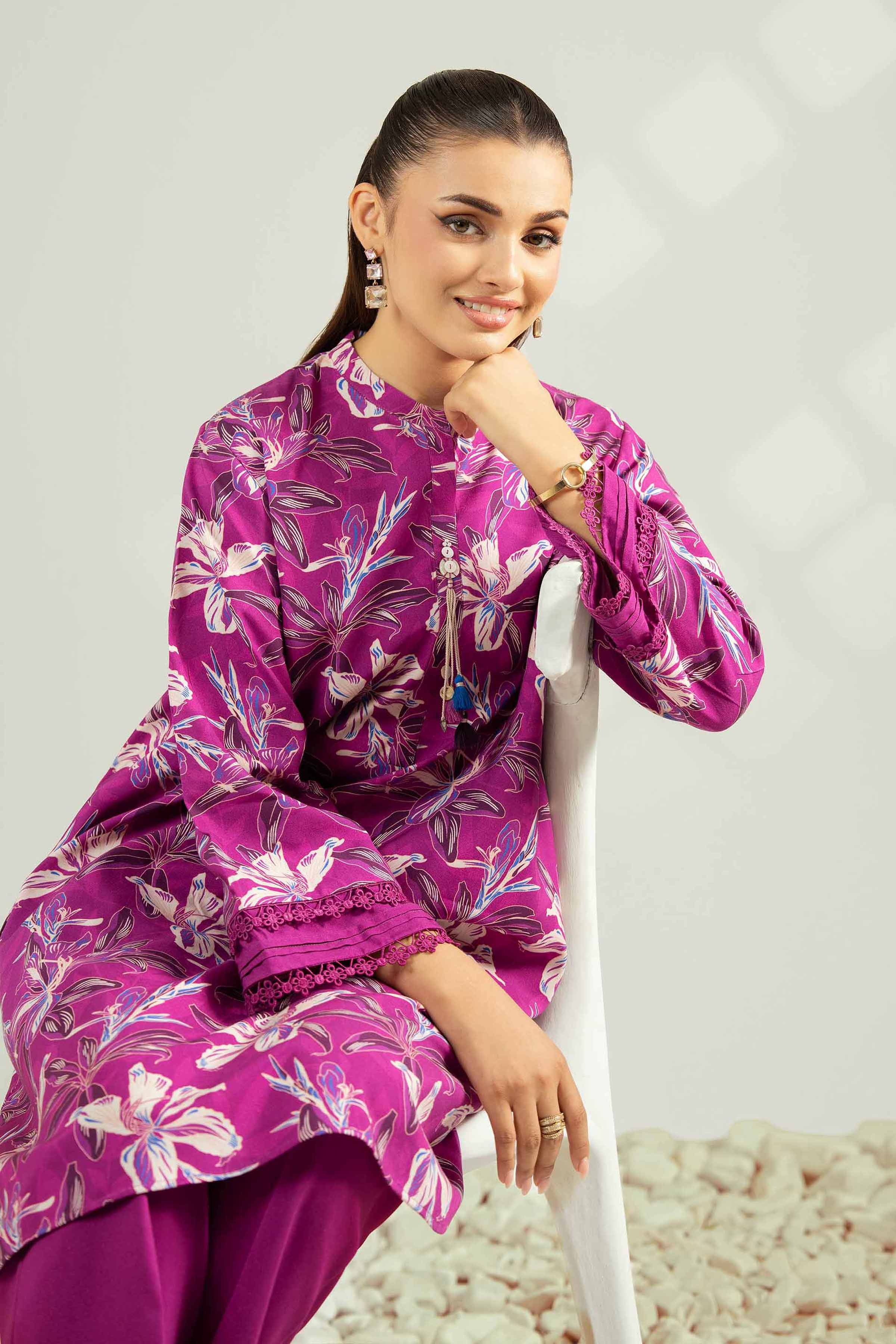NISHATUAE - Magenta Printed Linen 2-piece Unstitched Dress