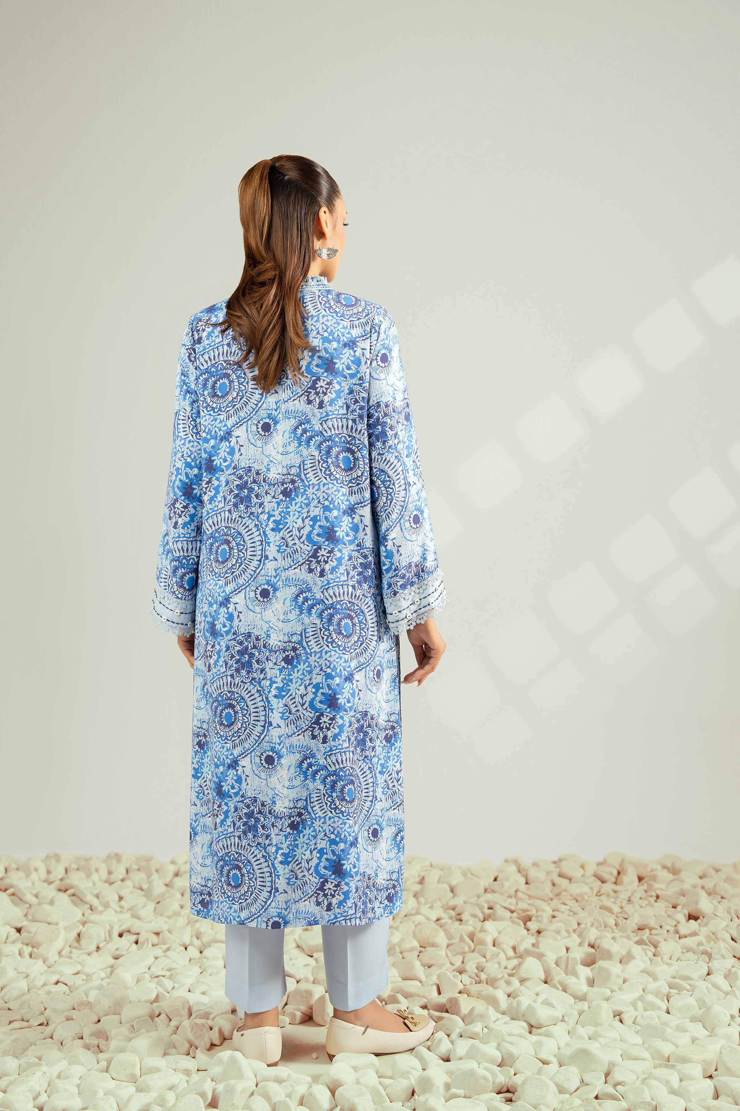 NISHATUAE - Blue Printed Linen 2-piece Unstitched Dress