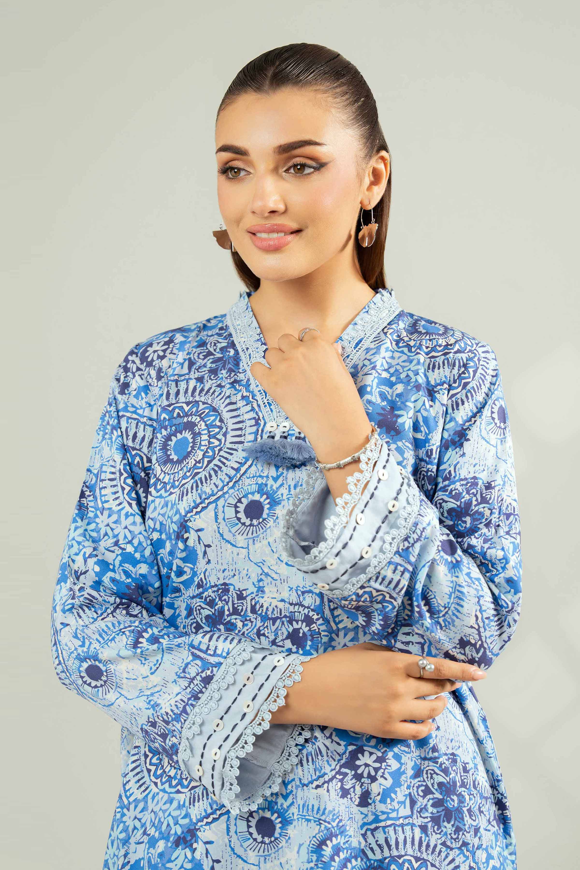 NISHATUAE - Blue Printed Linen 2-piece Unstitched Dress
