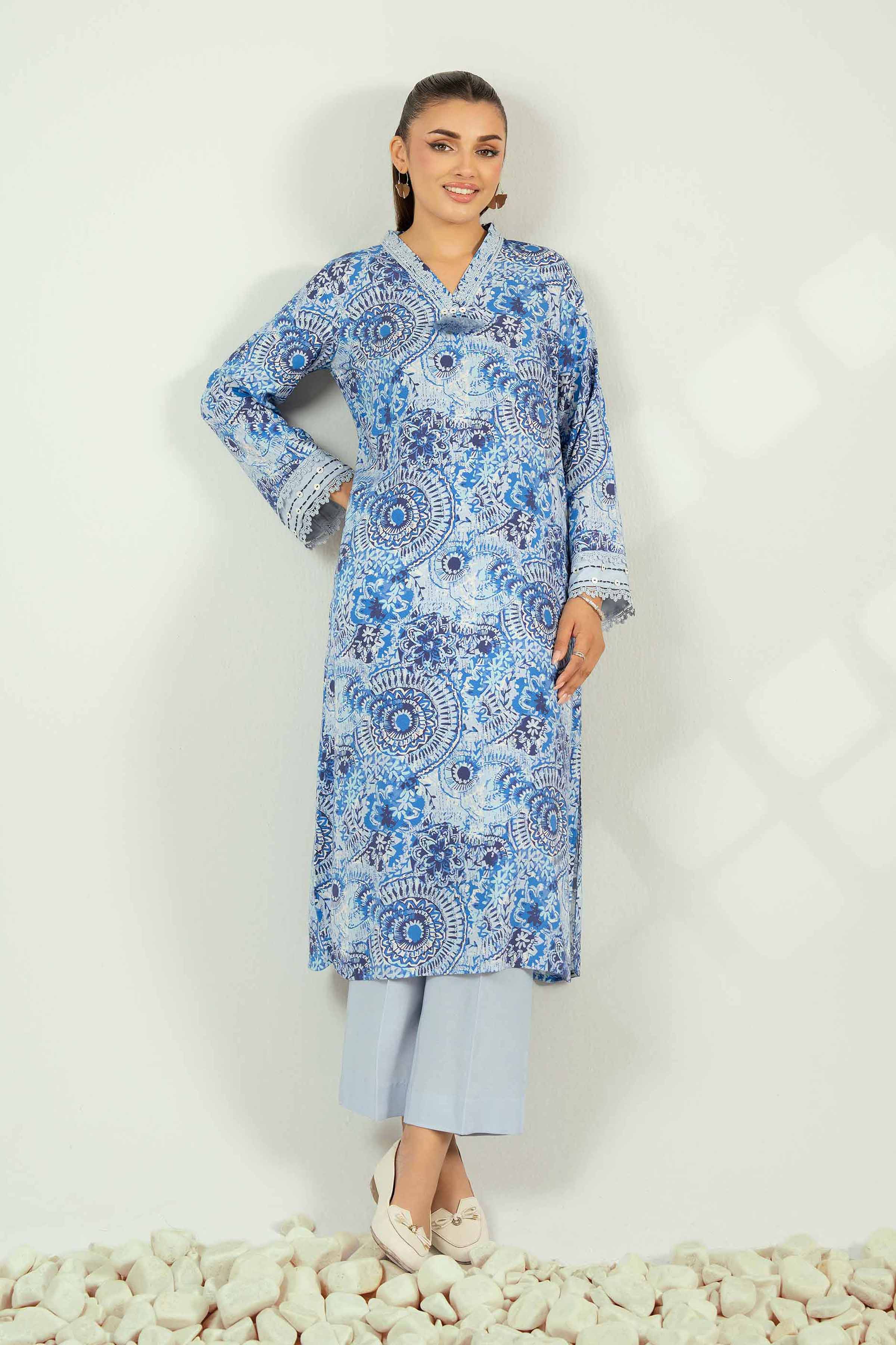 NISHATUAE - Blue Printed Linen 2-piece Unstitched Dress