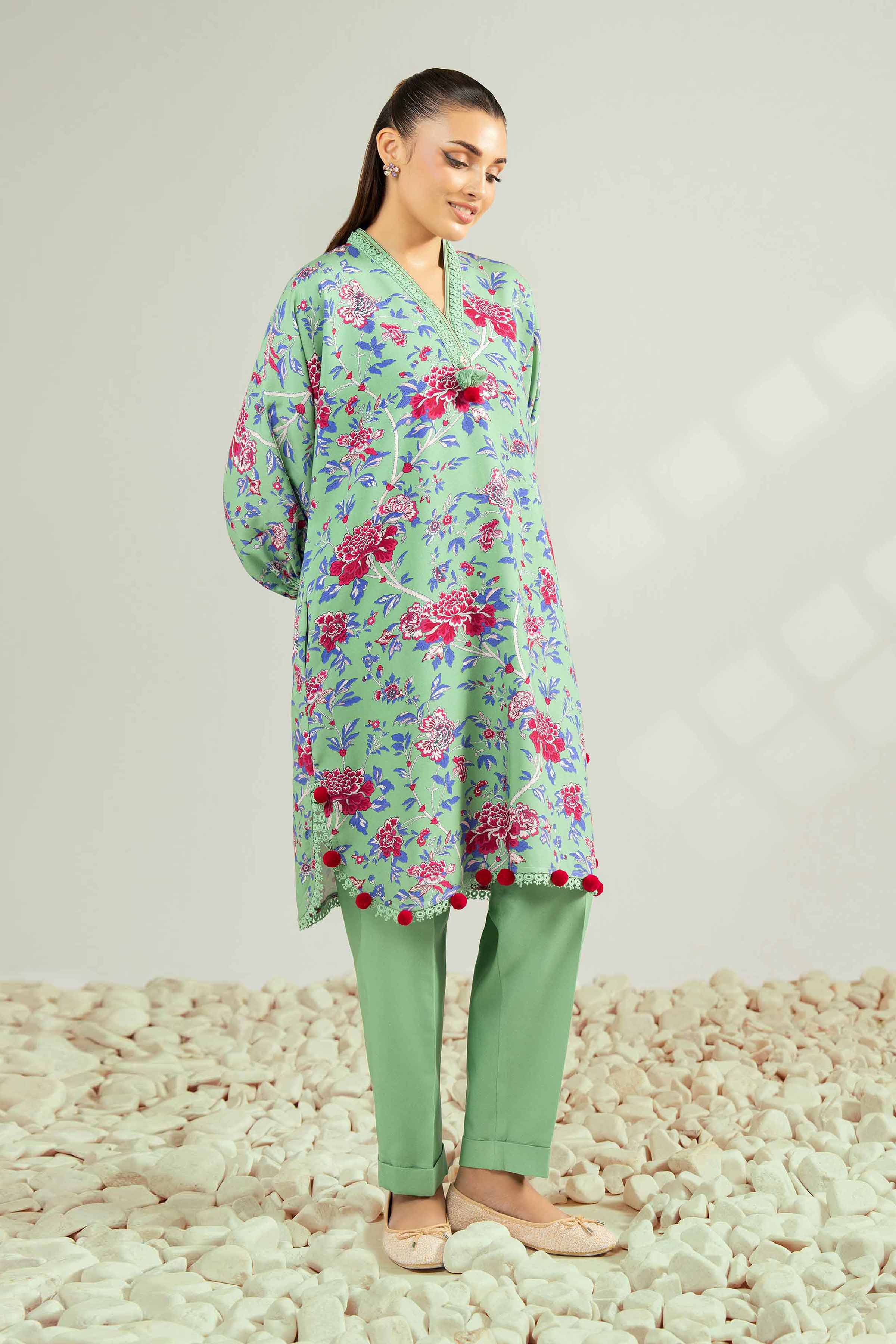 NISHATUAE - Green Printed Linen 2-piece Unstitched Dress